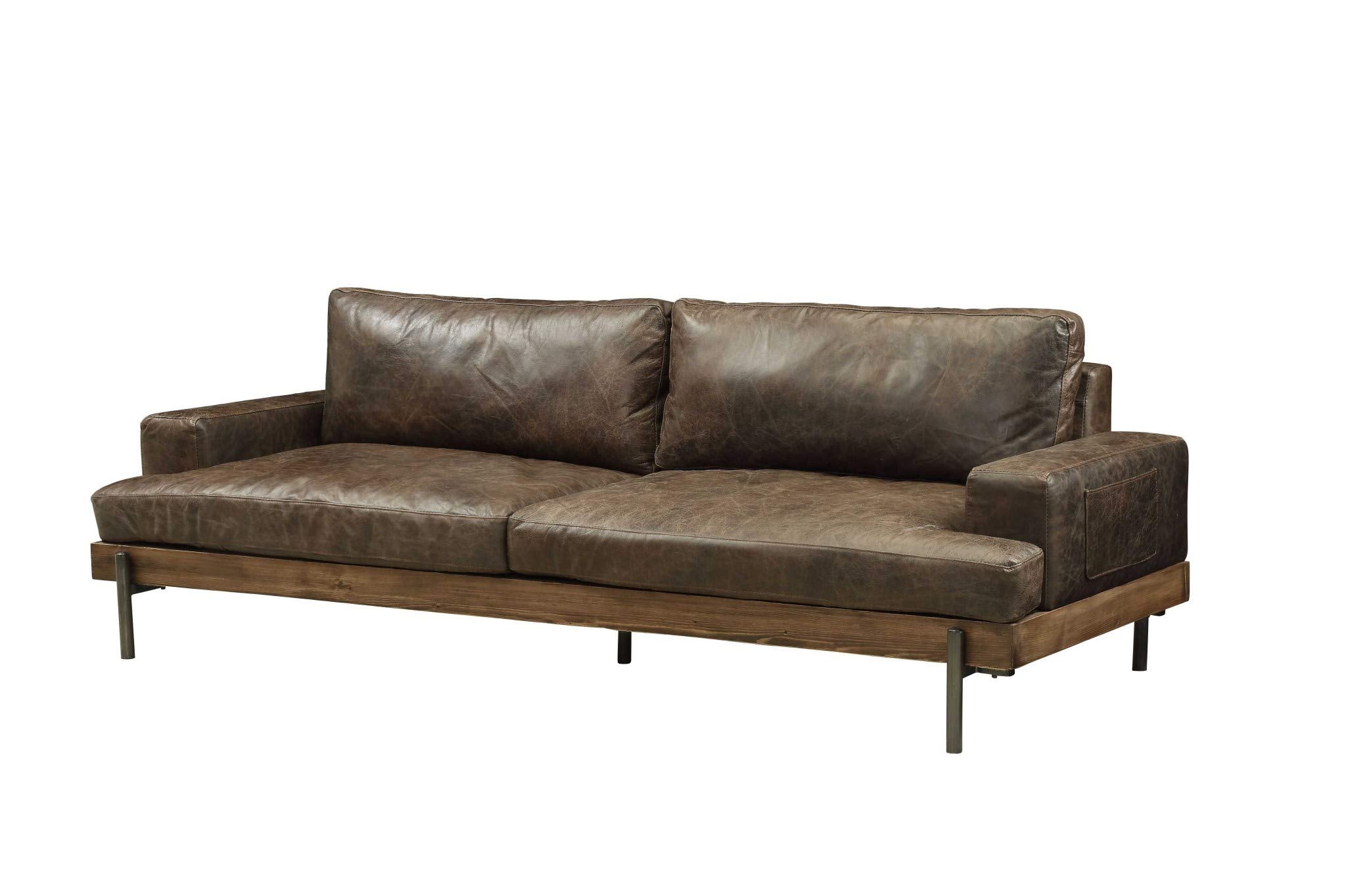 HomeRoots Top Grain Leather, Rubber 95 X 39 X 32 Distressed Chocolate Top Grain Leather Sofa