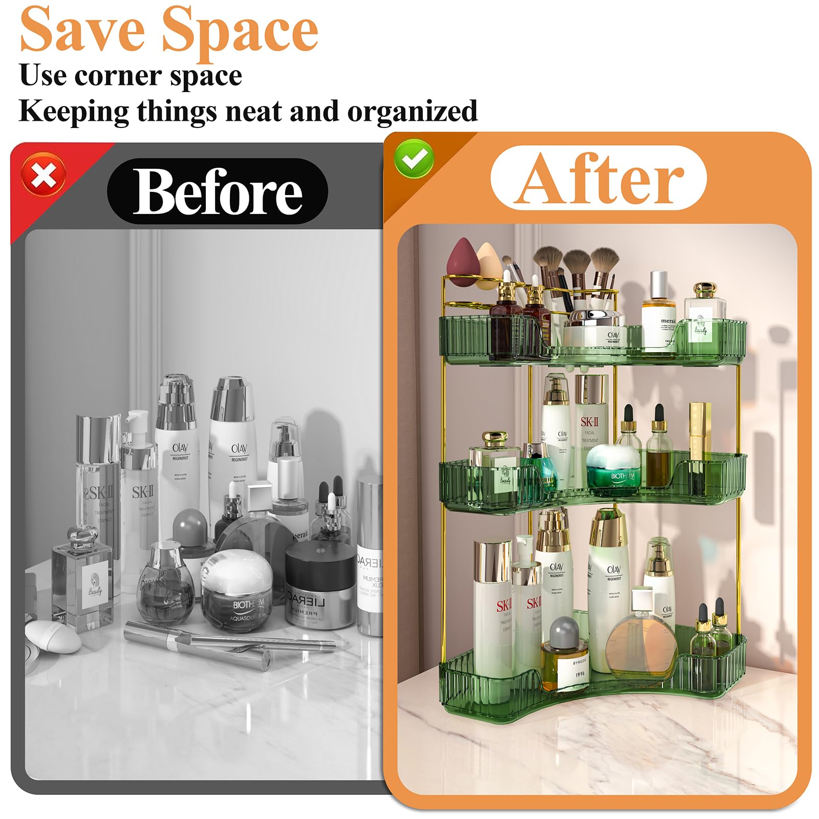 Sunzos 3-Tier Corner Bathroom Counter Organizer, Bathroom Organizer Countertop With Makeup Brush Holder, Vanity Makeup Cosmetic