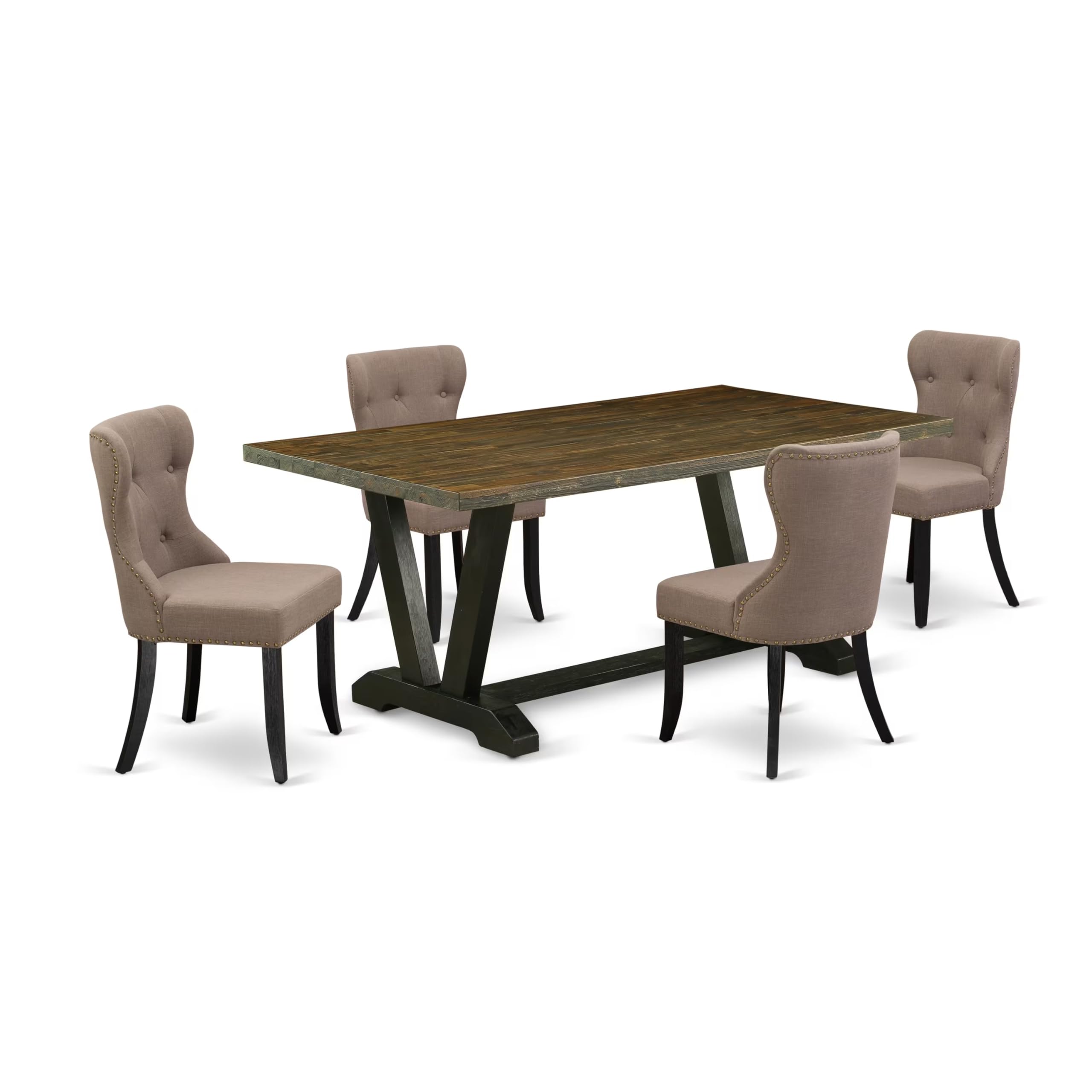 East West Furniture V677Si648-5 5 Piece Dining Room Table Set Includes A Rectangle Kitchen Table With V-Legs And 4 Coffee Linen Fabric Parson Dining Chairs, 40X72 Inch, Multi-Color