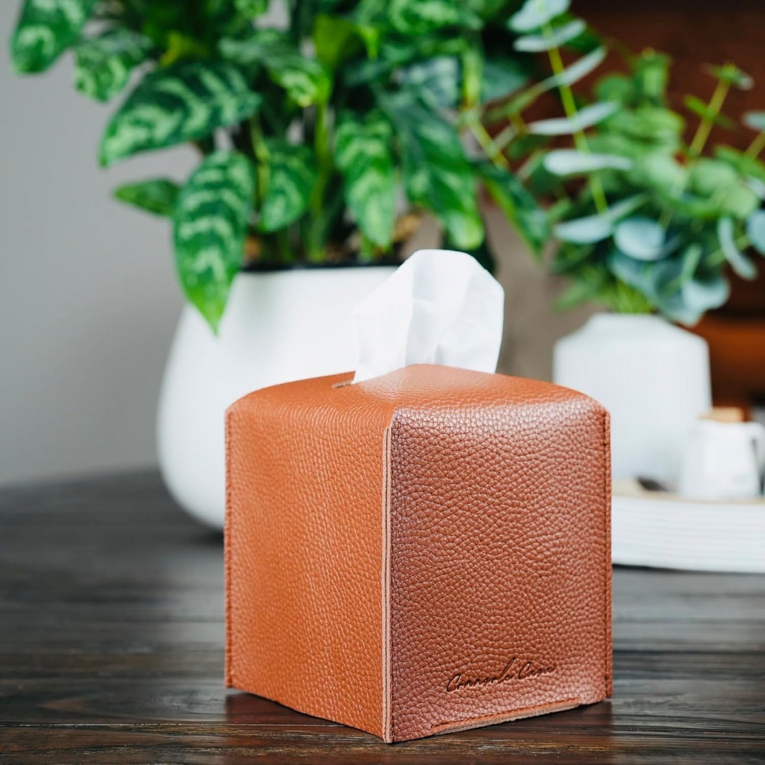 Connsole Casa Premium Pu Leather Tissue Box Holder - Elegant Hotel-Style Camel Tissue Box Cover For Enhanced D  Cor Of Home, Off