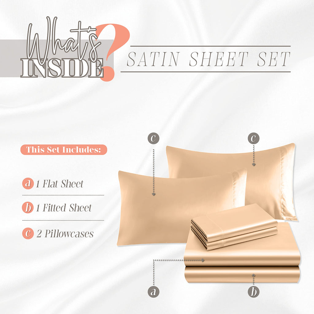 Elegant Comfort Luxurious 4-Piece Silky Satin Sheet Set, Skin And Hair Friendly, Wrinkle, Fade, Stain Resistant With Deep Pockets Fitted Sheet, Cooling Soft Satin Sheet Set, Cali King, Champaign