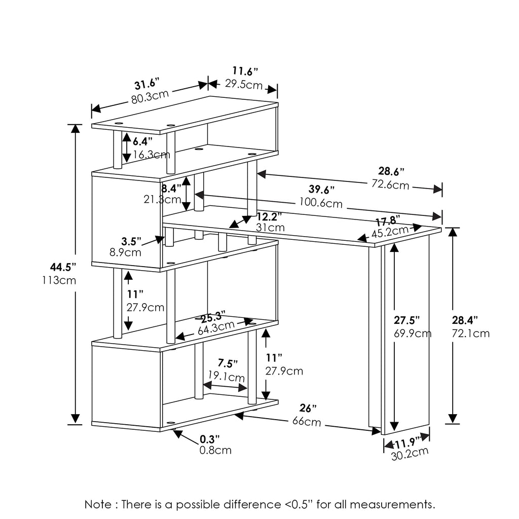 Furinno Moore L-Shape Computer Desk with 5-Tier Shelves, French Oak