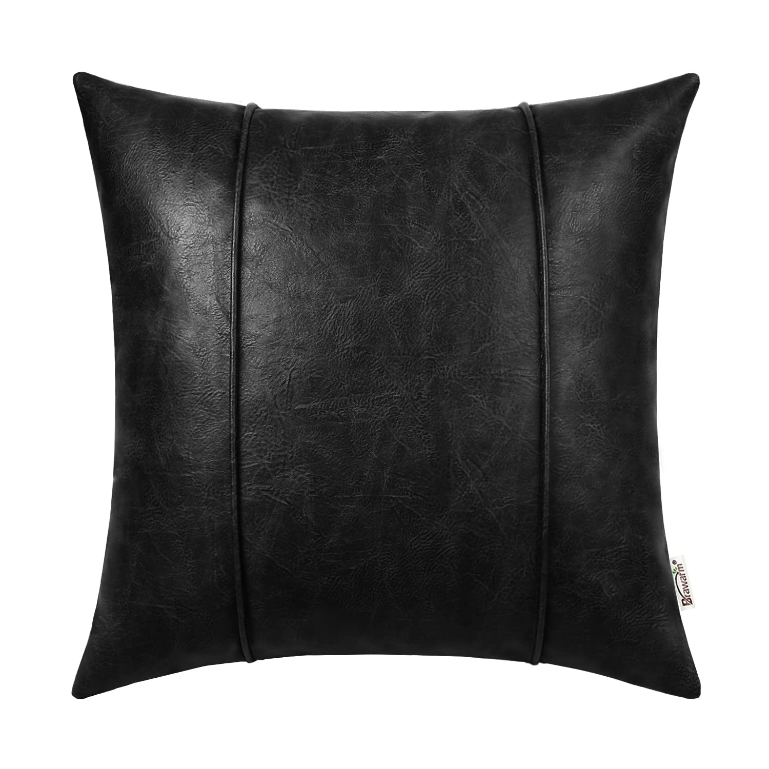 Brawarm Black Leather Throw Pillow Covers 18 X 18 Inches - Faux Leather Pillow Cover With Piping, Hand Stitched Leather Throw Pi