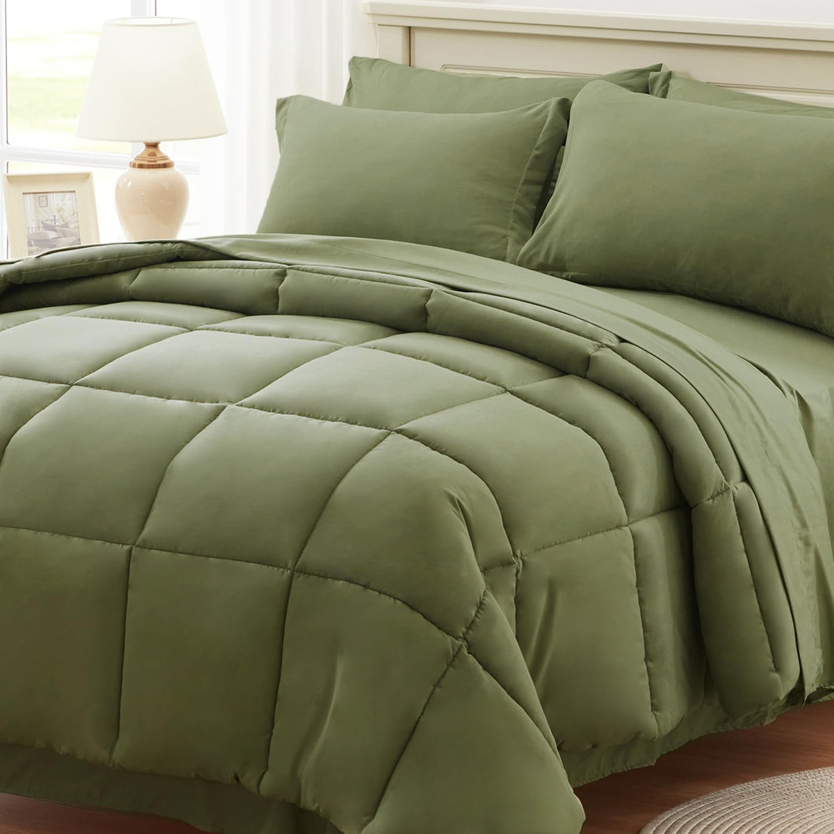 Anluoer King Size Bed In A Bag 7 Pieces, Olive Green Bed Comforter Set With Comforter And Sheets, All Season Bedding Sets With 1