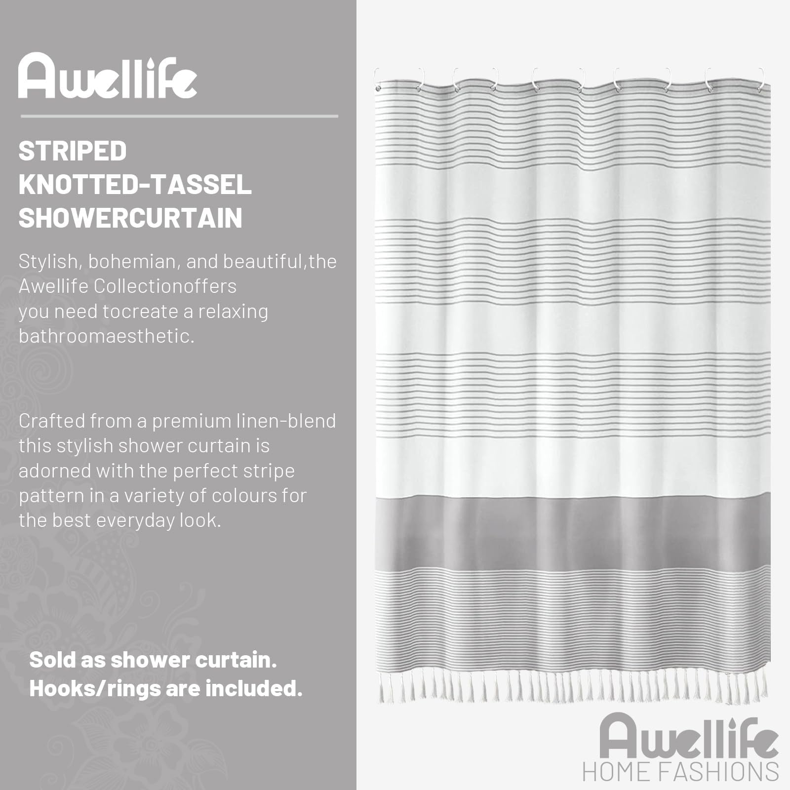 Awellife Boho Gray Shower Curtain For Bathroom Extra Long Stripe Tassel Shower Curtain 72 X 96 Inches