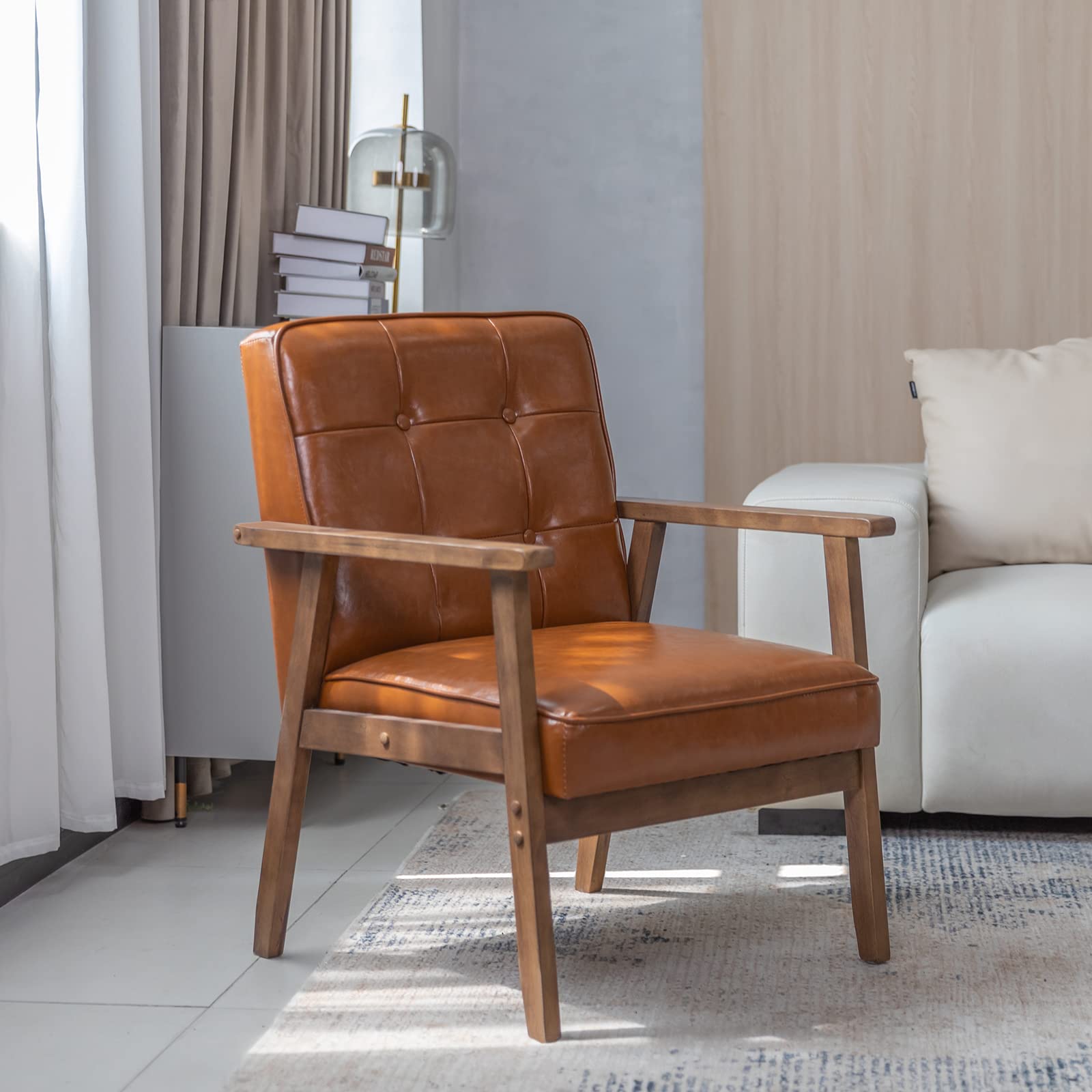 Okeysen Mid Century Modern Accent Chair, Retro Wood Leather Armchairs Side Chair, Lounge Reading Comfy Arm Chair For Living Room