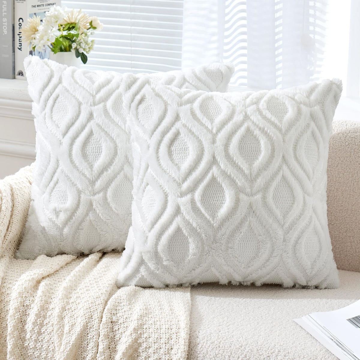 Miulee Pure White Throw Pillow Covers 16X16 Inch, Soft Plush Faux Wool Couch Pillow Covers Set Of 2 Decorative Farmhouse Boho Th
