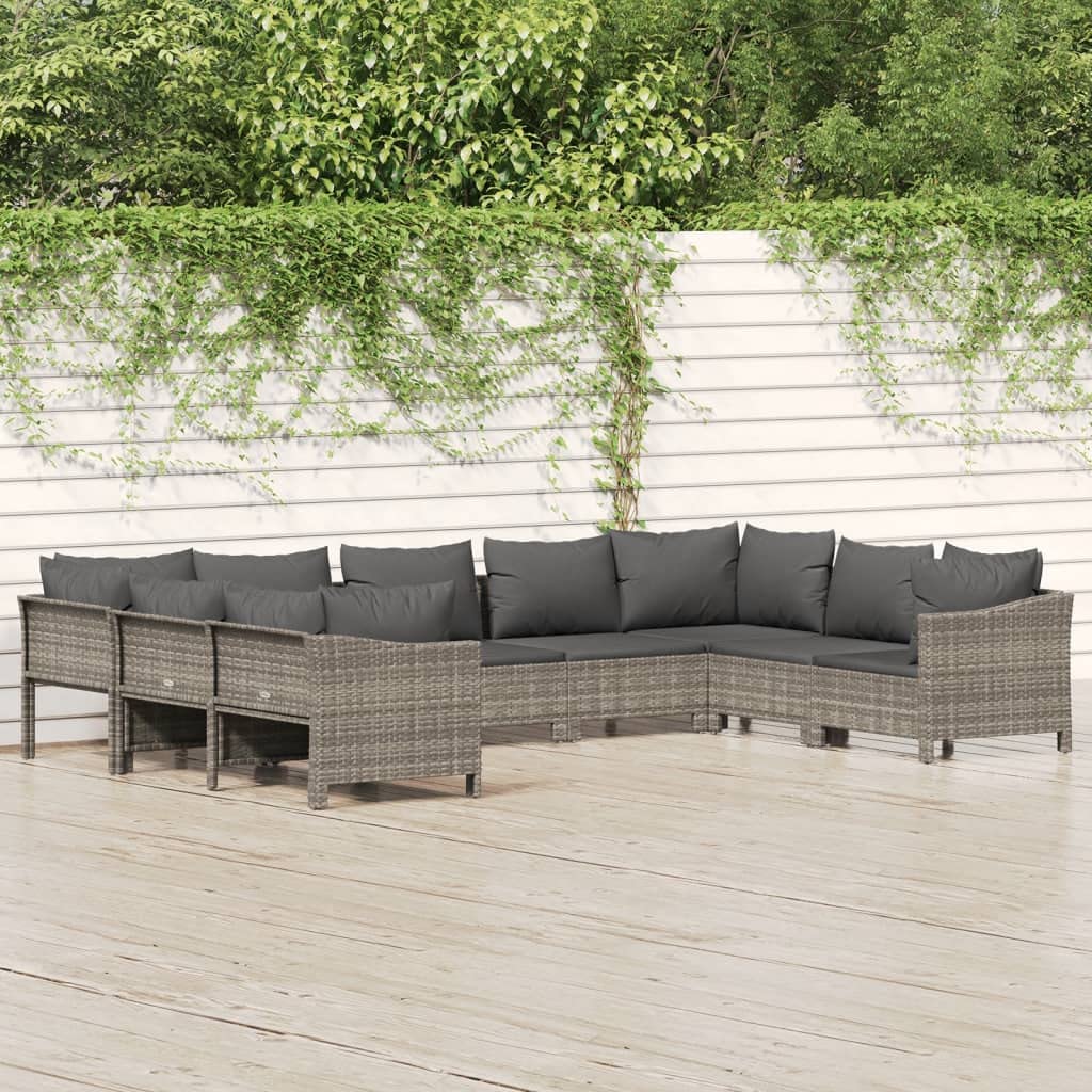 vidaXL Modern Gray PE Rattan 9 Piece Patio Lounge Set with Cushions - Modular Outdoor Furniture Set for Patio or Garden