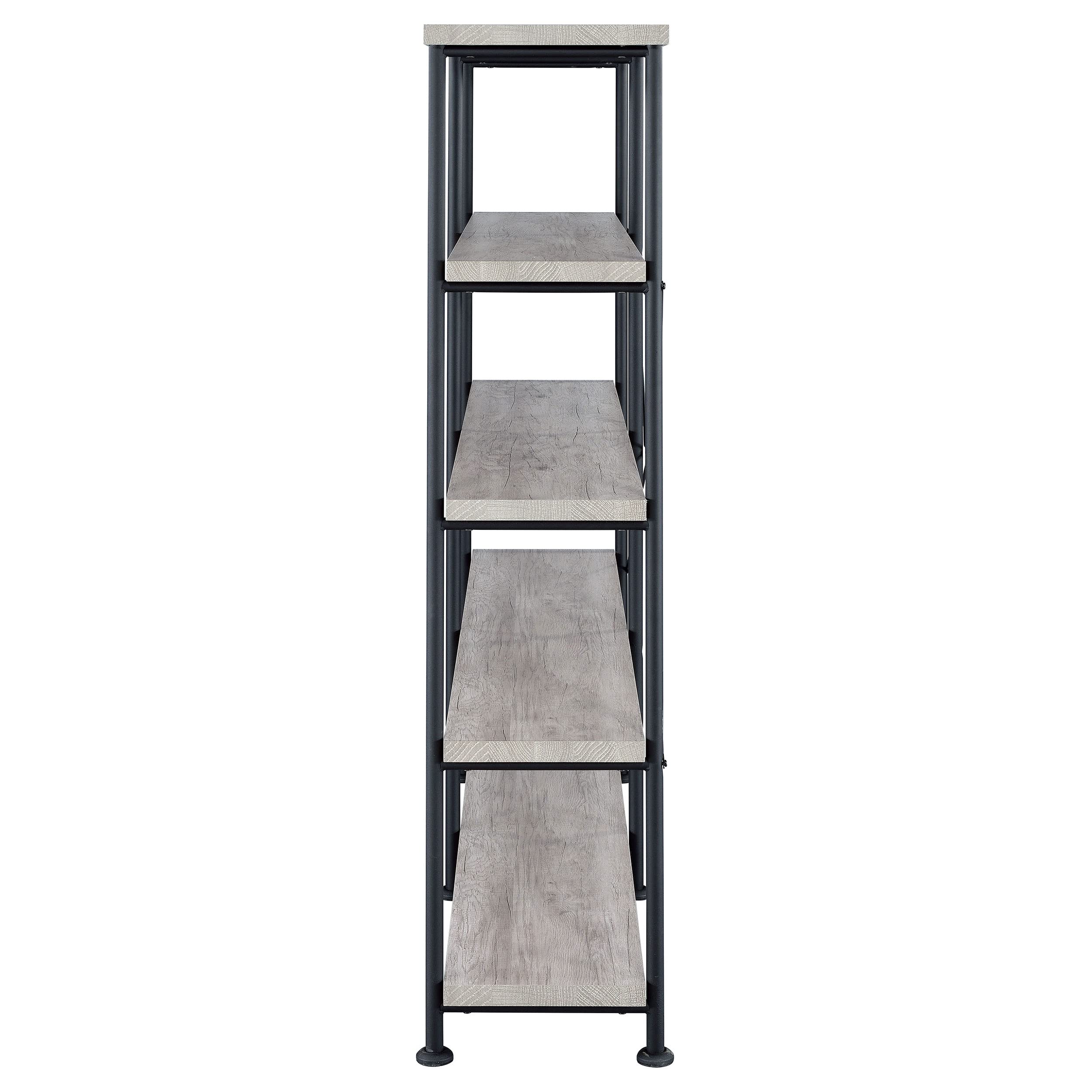 Coaster Home Furnishings Analiese Rustic Industrial 4-Tier Double Bookcase Etagere Bookshelf Office Storage Book Shelf Engineered Eco-Friendly Wood Laminate Sturdy Black Steel Grey Driftwood 801544