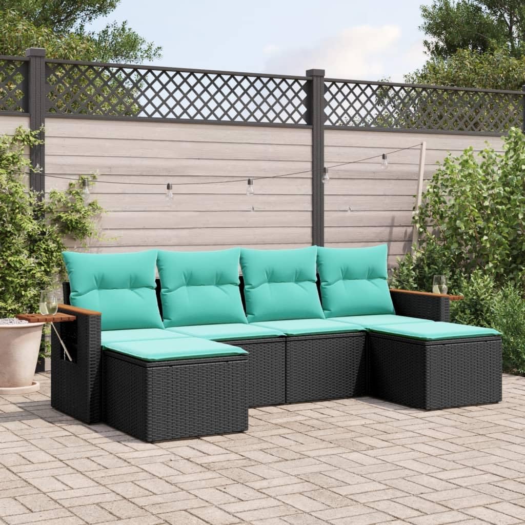 vidaXL Black Patio Sofa Set with Cushions, 6-Piece Outdoor Garden Furniture, Durable PE Rattan, Storage Space, Modular Design, and Foldable Side Table