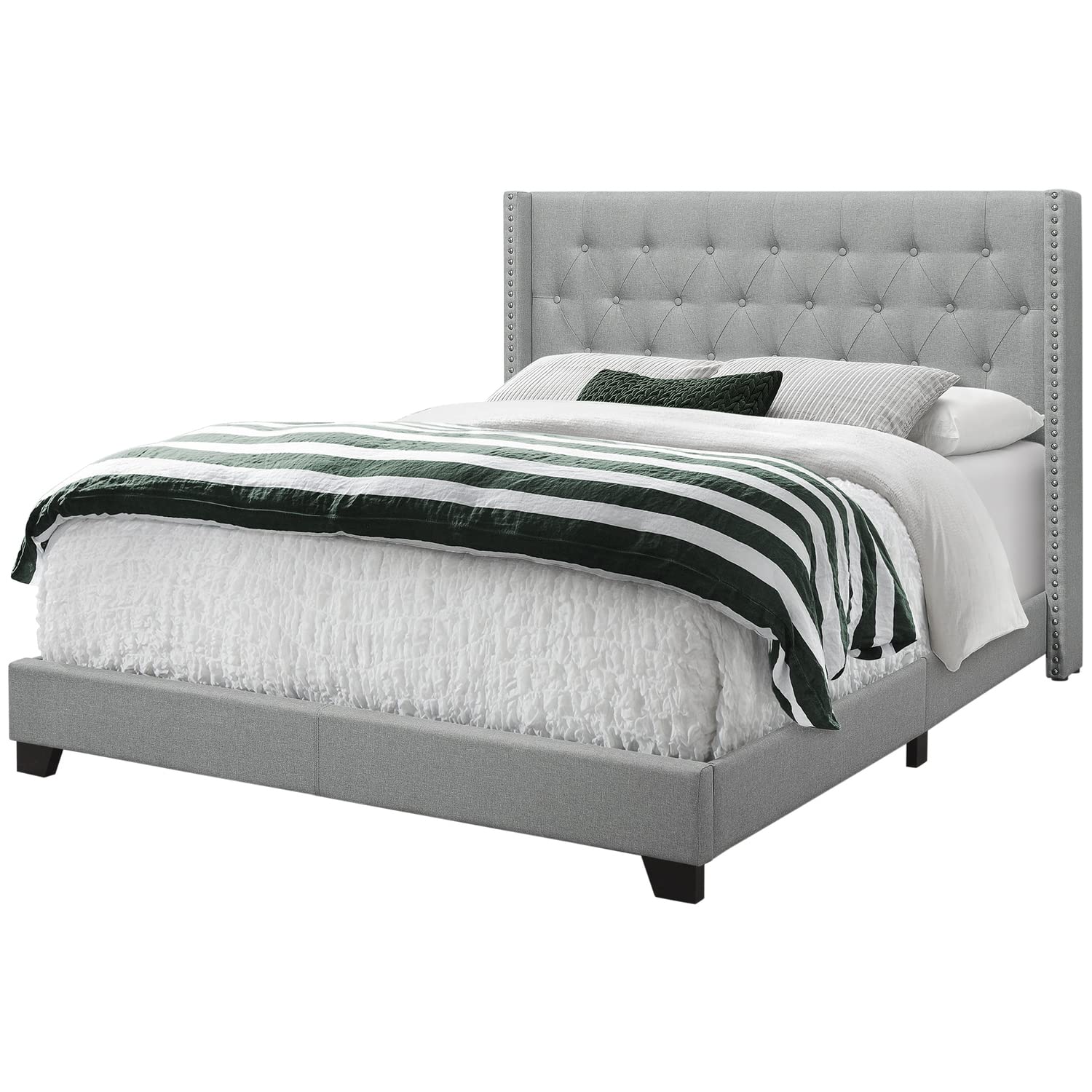 Monarch Specialties I Size/Grey Linen with Chrome Trim Queen Bed,