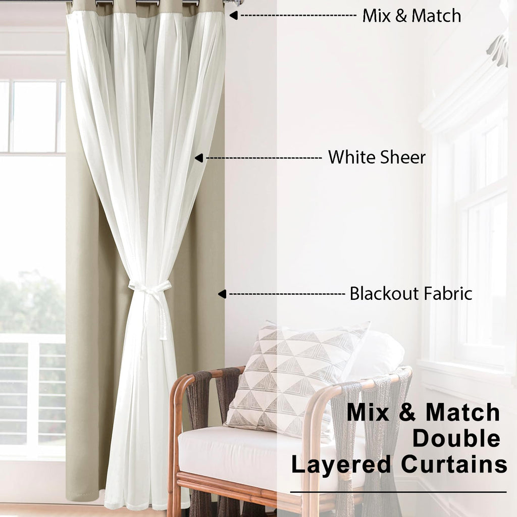 Hiasan Blackout Curtains With Sheer Overlay 84 Inches Long, Thermal Insulated Mix & Match Double Layer Window Curtains For Bedro