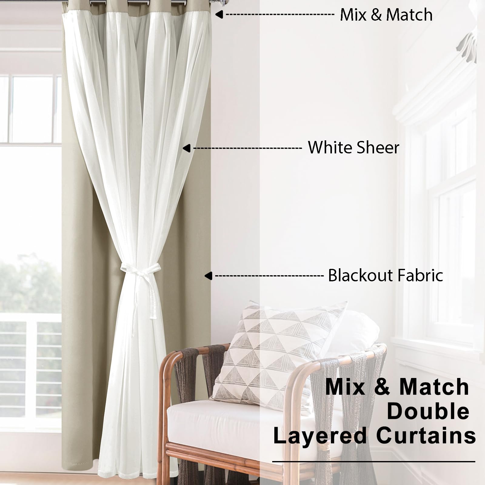 Hiasan Blackout Curtains With Sheer Overlay 84 Inches Long, Thermal Insulated Mix & Match Double Layer Window Curtains For Bedro