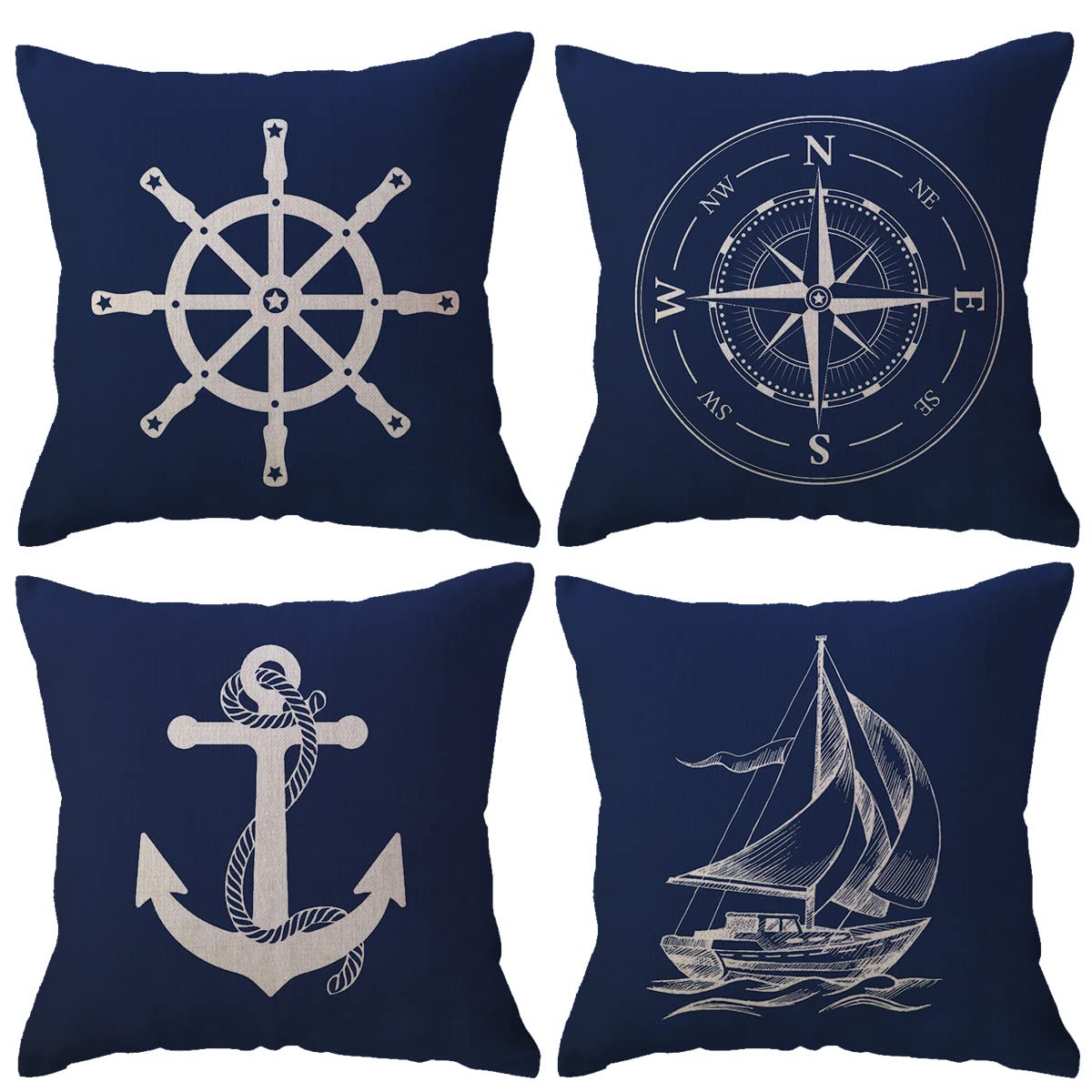 Ulove Love Yourself Ocean Theme Blue Pillow Covers 1818 Inch,4Pack With Compass/Anchor/Sailboat/Navigation Pattern Coastal Saili