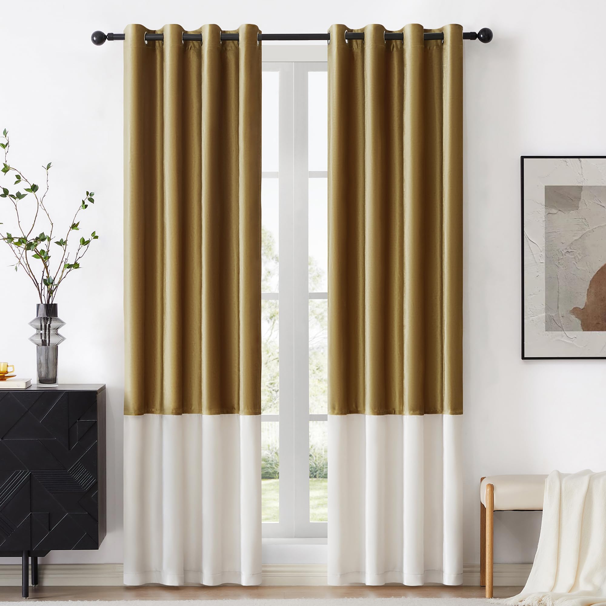 Bulbul Color Block Window Curtains Panels 90 Inches Long Gold Ivory Velvet Farmhouse Drapes For Bedroom Living Room Darkening Tr