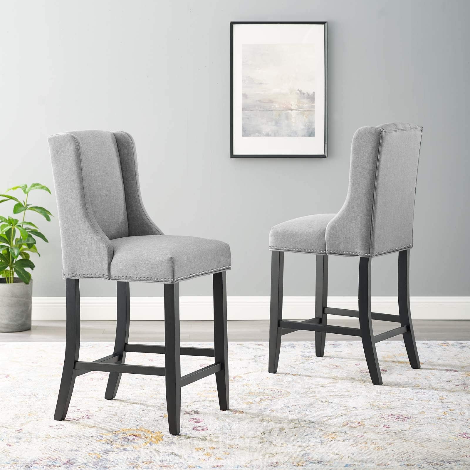 Modway Baron Counter Stool Upholstered Fabric Set of 2, Light Gray