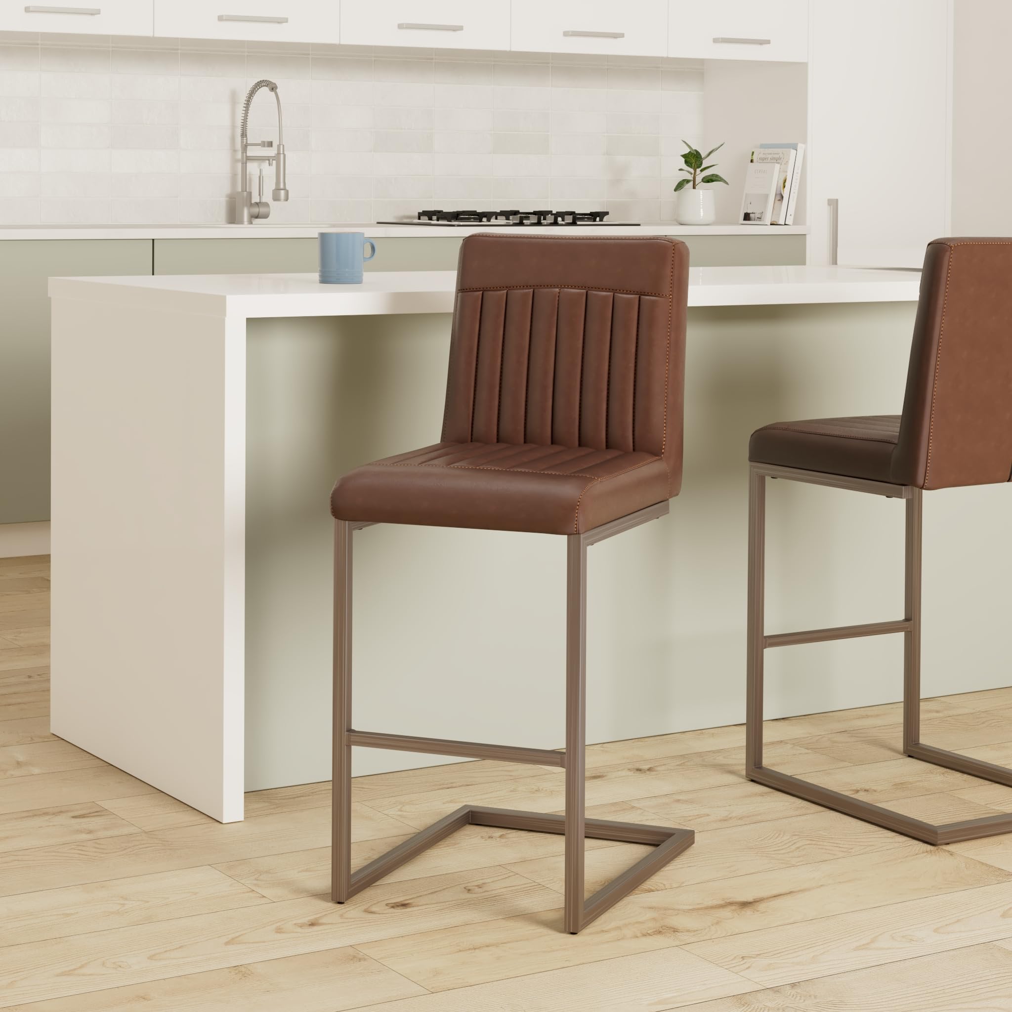 New Pacific Direct Ronan Pu Leather Counter, Set Of 2 Bar & Counter Stools, Antique Cigar Brown