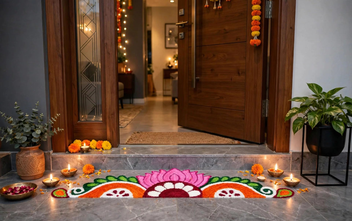 Handmade Woolen Lotus Border Rangoli Mat for Doorstep