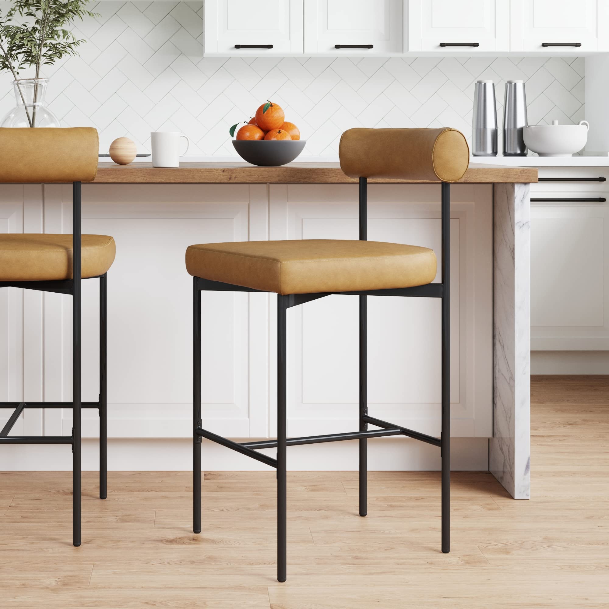 Nathan James Dahlia Counter Height Chair, Modern Barstool with Back, Mid-Century Metal Legs and Leather Padded Cushion for Kitch