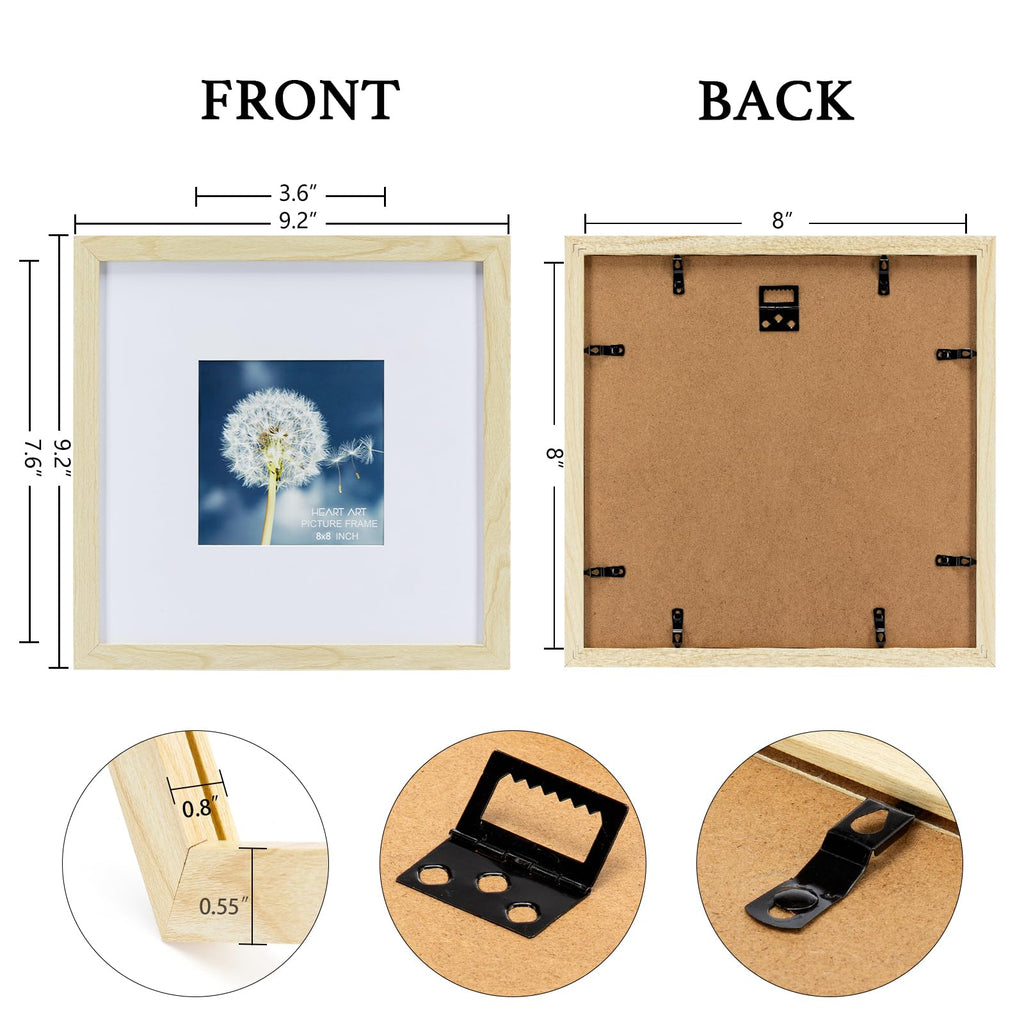 Heart Art 8X8 Natural Wood Picture Frame Set Of 9,Display Pictures 4X4 With Mat Or 8 X 8 Without Mat,Multi Collage Gallery Squar