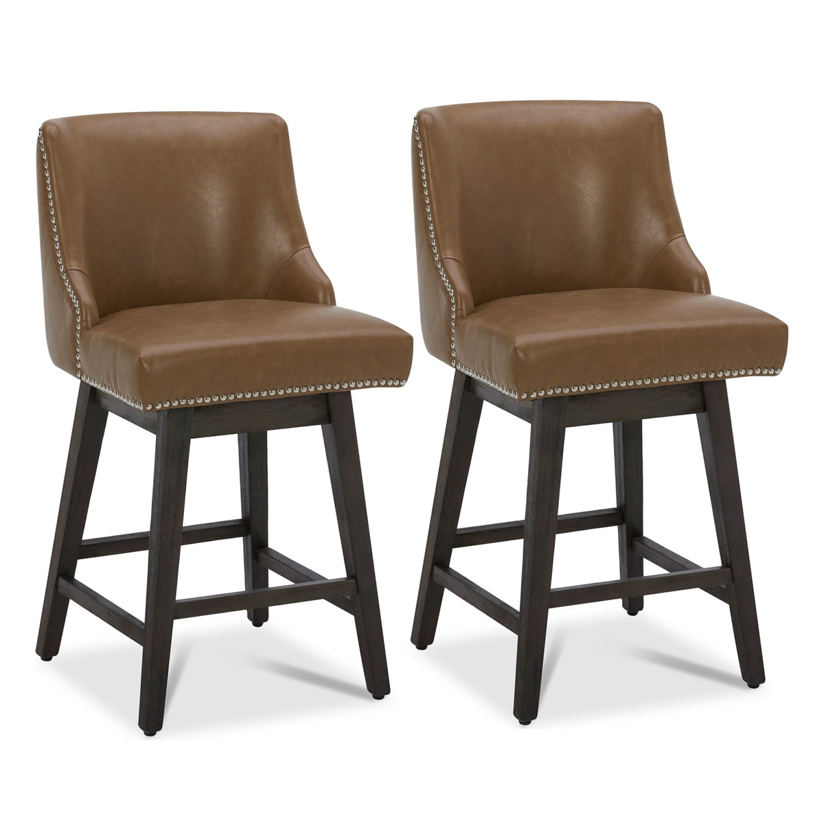 Chita Counter Height Swivel Barstools, Fsc Certified 26' H Seat Height Upholstered Bar Stools Set Of 2, Faux Leather In Saddle Brown