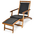 Relax4Life Patio Chaise Lounge Chair - Acacia Wood Folding Rattan Wicker Chair W/Retractable Footrest, Space-Saving Ergonomic Deck Chair For Garden, Poolside, Patio