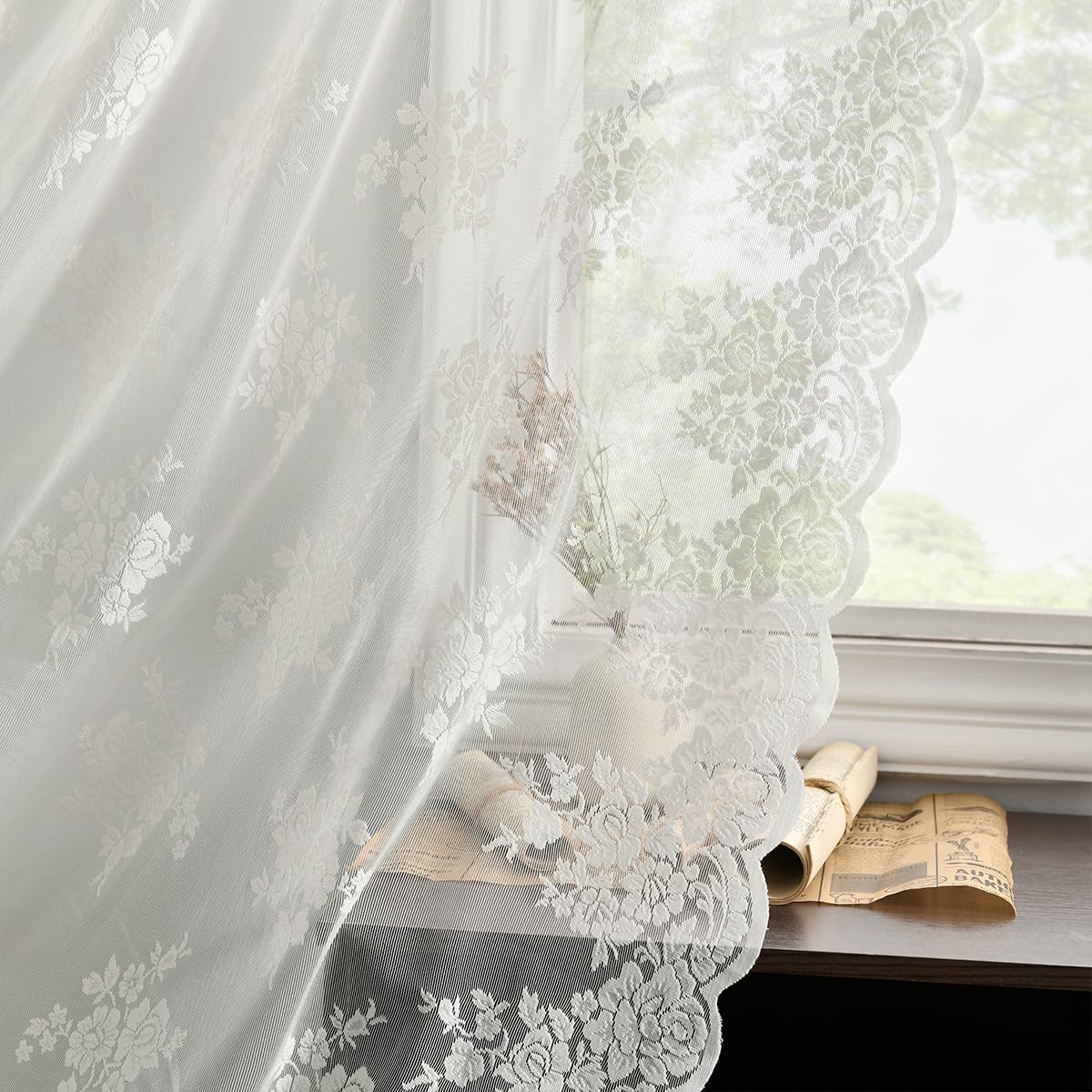 Kotile Ivory Lace Curtains 63 Inch Length - Premium Embroidery Floral Tulle Sheer Lace Curtains For Bedroom, Scalloped Trim Coun