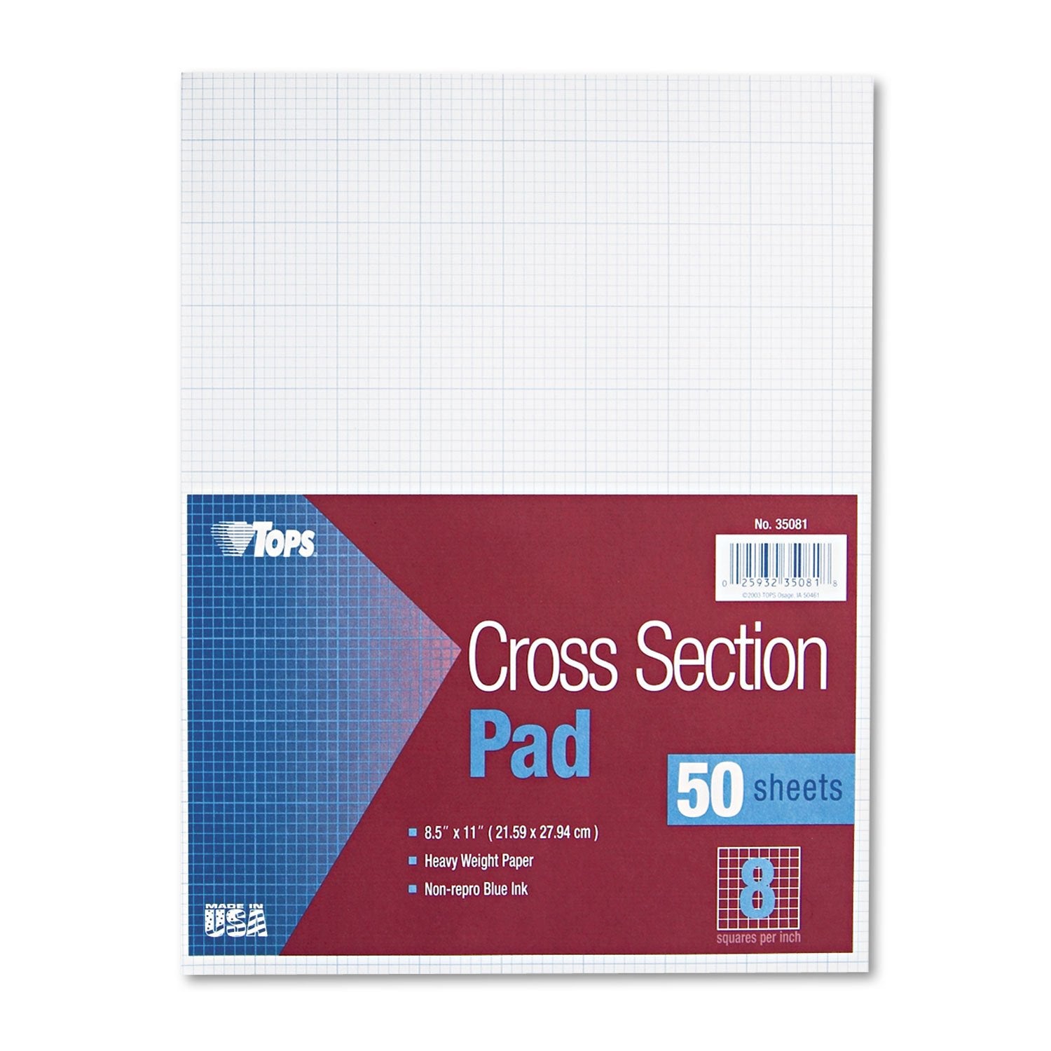 Tops 35081 Cross Section Pad, 8 Squares, 8 1/2 X 11, White, 50 Sheets