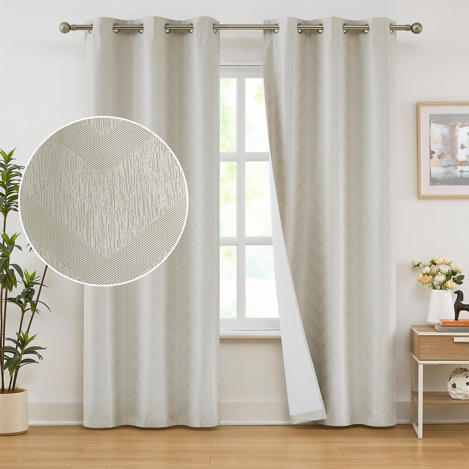 Beige Chevron Full Blackout Curtains for Living Room Bedroom Ivory, Jacquard Woven Geometric Chevron Curtains Energy Efficient T