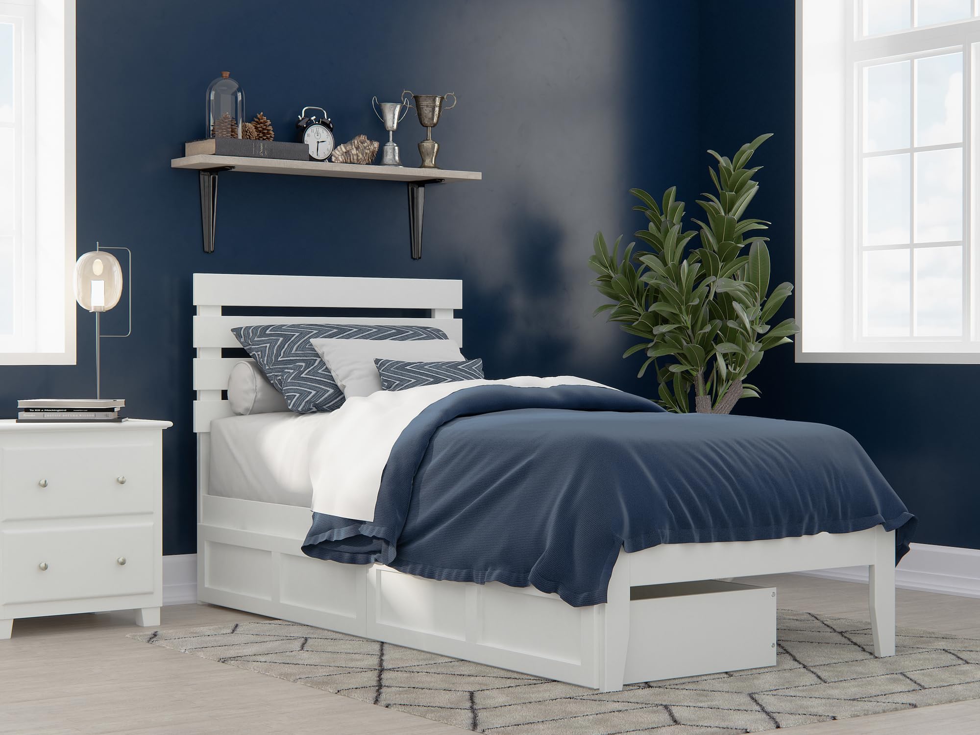 AFI, Oxford Twin XL Platform Bed with Set of 2 Underbed Storage Drawers, White