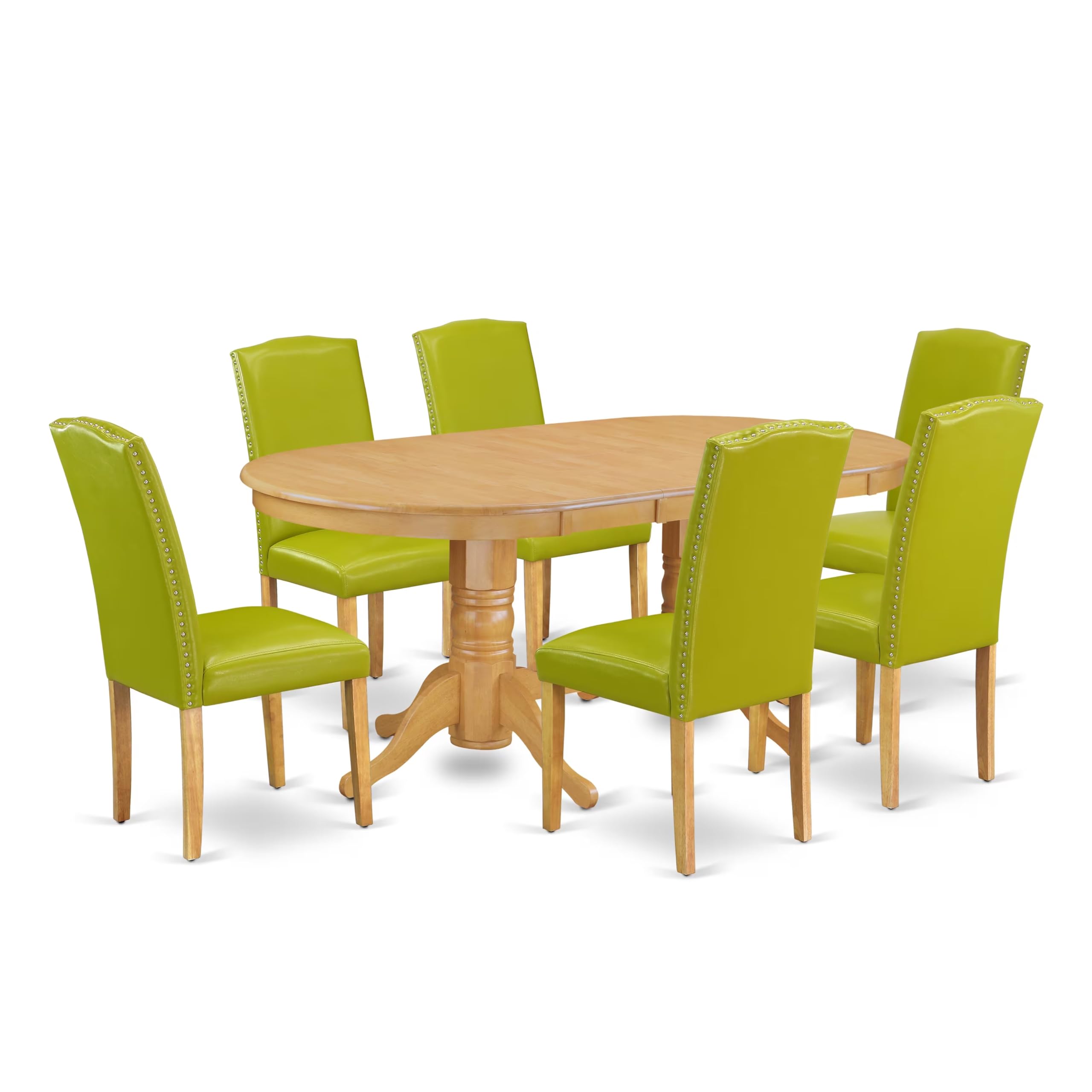 East West Furniture Vaen7-Oak-51 7 Piece Modern Dining Table Set Consist Of An Oval Wooden Table With Butterfly Leaf And 6 Autumn Green Faux Leather Parsons Chairs, 40X76 Inch, Oak
