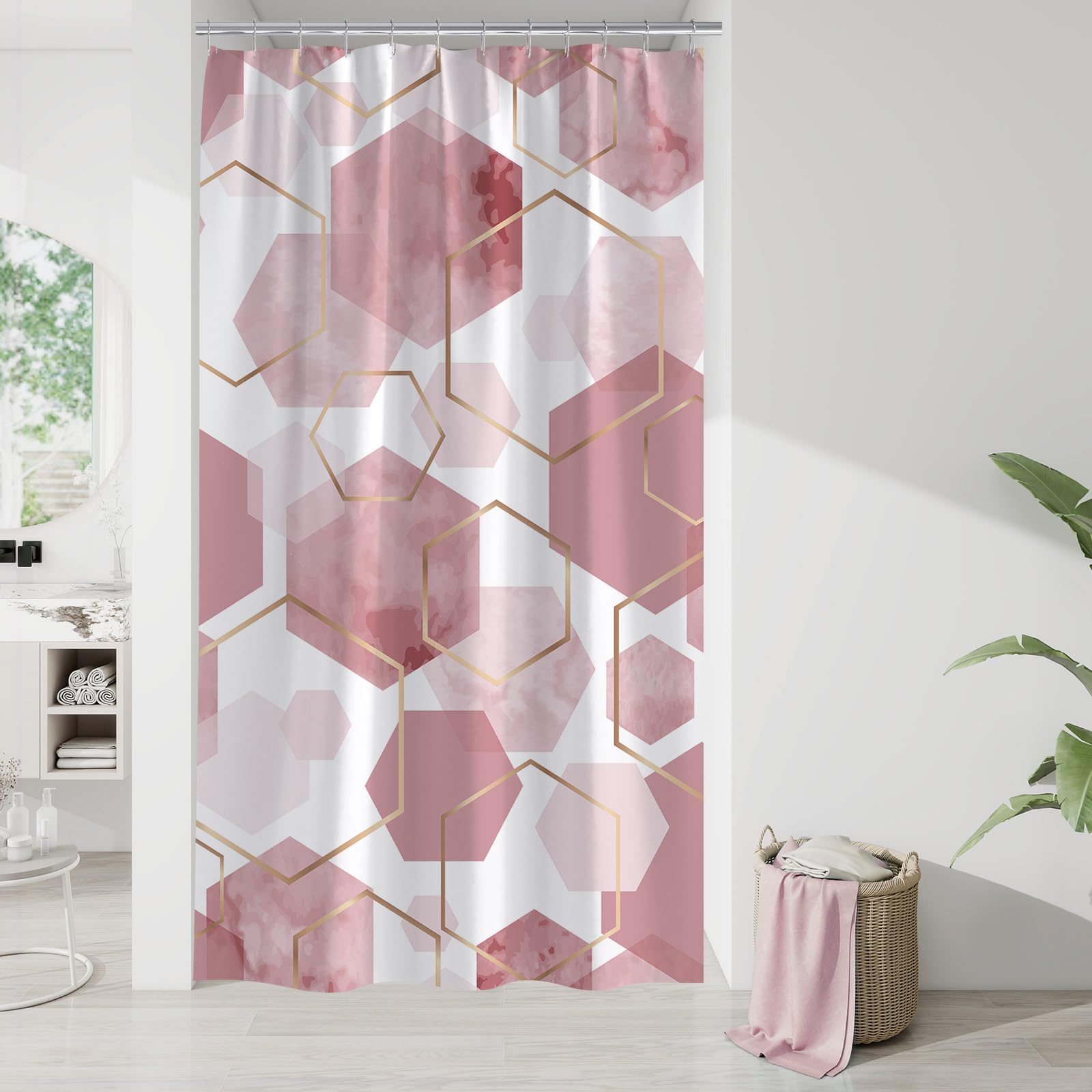 Litabel Modern Small Stall Shower Curtain For Bathroom, Pink Geometric Art Decor Waterproof Bath Curtain, Abstract Fabric Shower