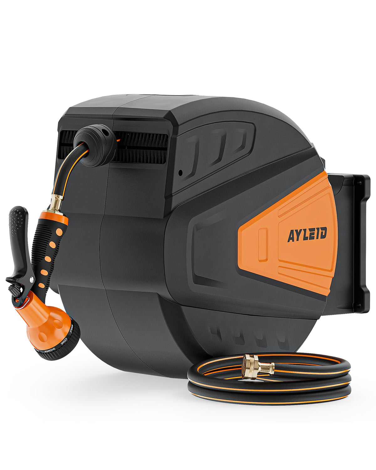 Ayleid Retractable Garden Hose Reel,5/8 In X 100 Ft Wall Mounted Hose Reel, With 9- Function Sprayer Nozzle, Any Length Lock/Slo
