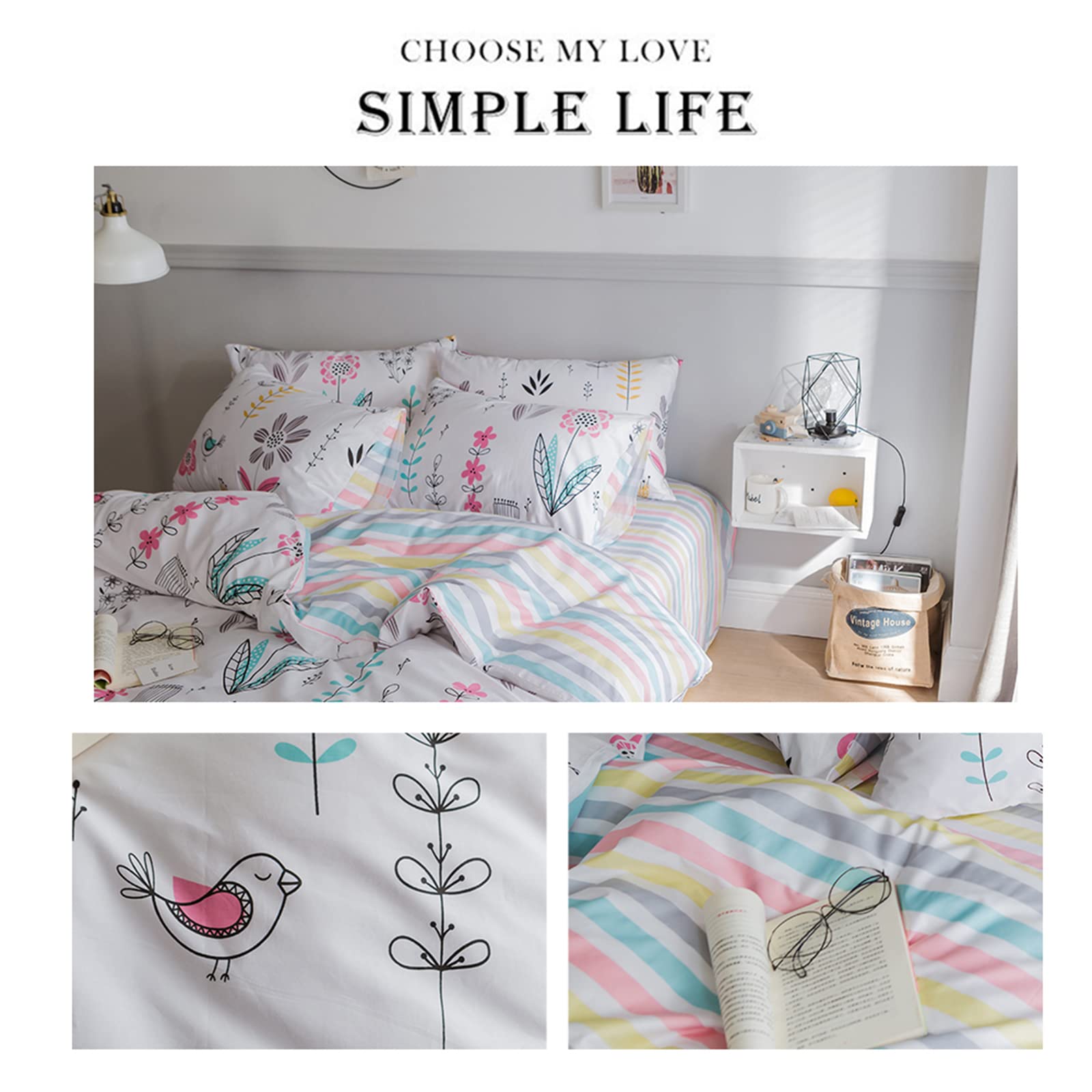 Highbuy Floral Printed Bedding Sets Full Duvet Cover Girls Cotton Comforter Cover Full Size Garden Aesthetic Reversible Striped