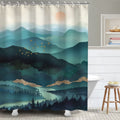 RosieLily Mountain Shower Curtain, Teal for Bathroom, Cool Nature Hooks, Watercolor Misty Forest Sun Sunset Landscape, 72Wx72H I