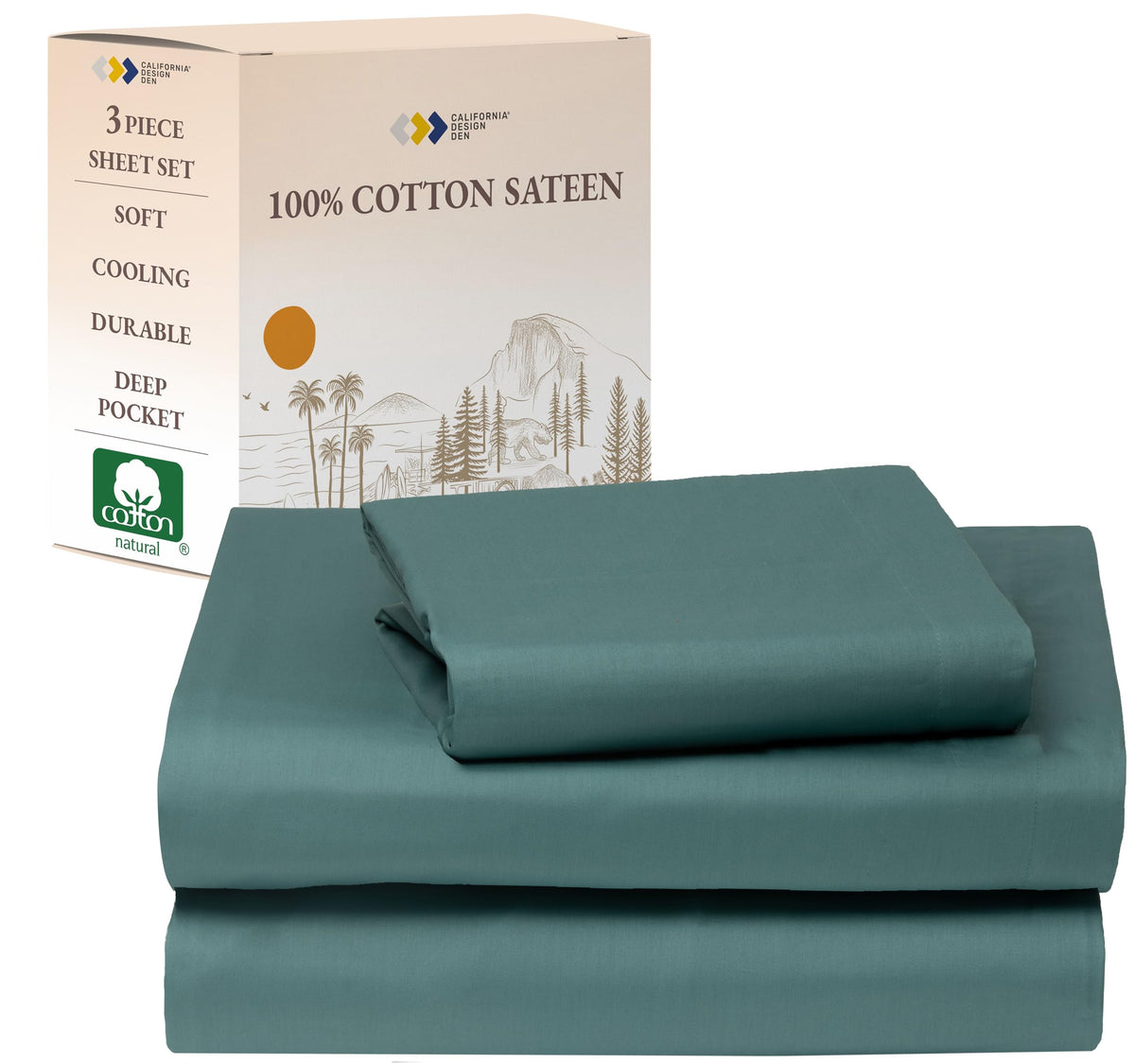 California Design Den 100% Cotton Twin Sheet Set - Sateen Weave, Deep Pocket Sheet & Pillowcase Sets, Cotton Bed Sheets For Dorm