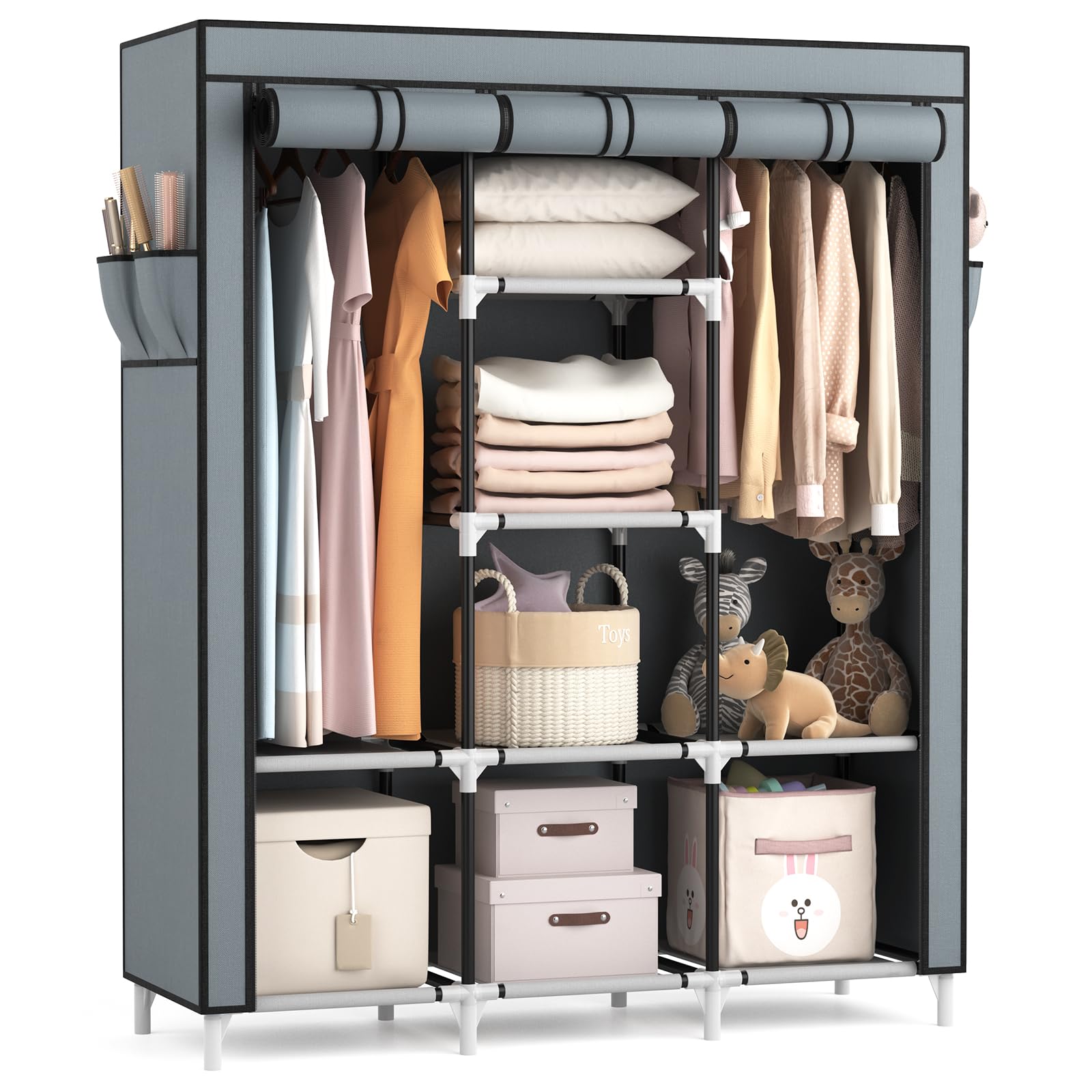 VTRIN Portable Closet Wardrobe for Hanging Clothes with 2 Hanging Rods and 8 Storage Organizer Shelves,Sturdy Large Wardrobe Clo