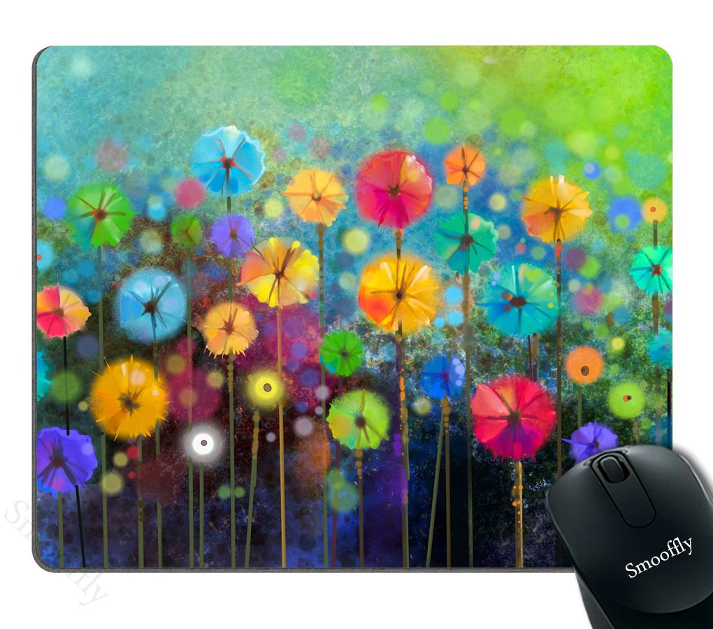 Smooffly Watercolor Nature Landscape Floral Mouse Pad, Blossom Plants Herbs Garden Scene Colorful Spring Petal Flowers Personali