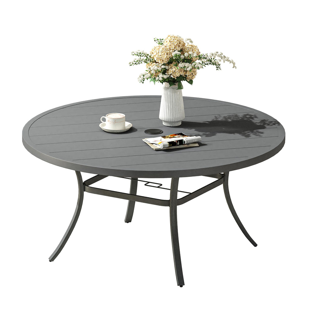Vicllax 53' Round Patio Dining Table For 6-8, Metal Outdoor Dining Table With Umbrella Hole For Garden, Patio, Balcony, Dark Grey
