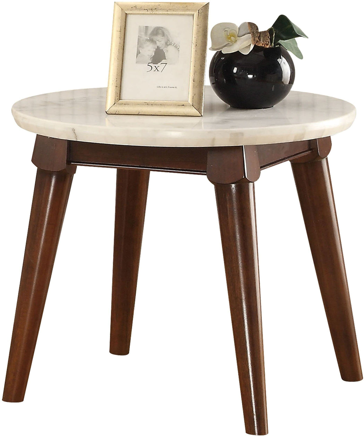 HomeRoots White and Walnut 22' Walnut and White Faux Marble Round End Table