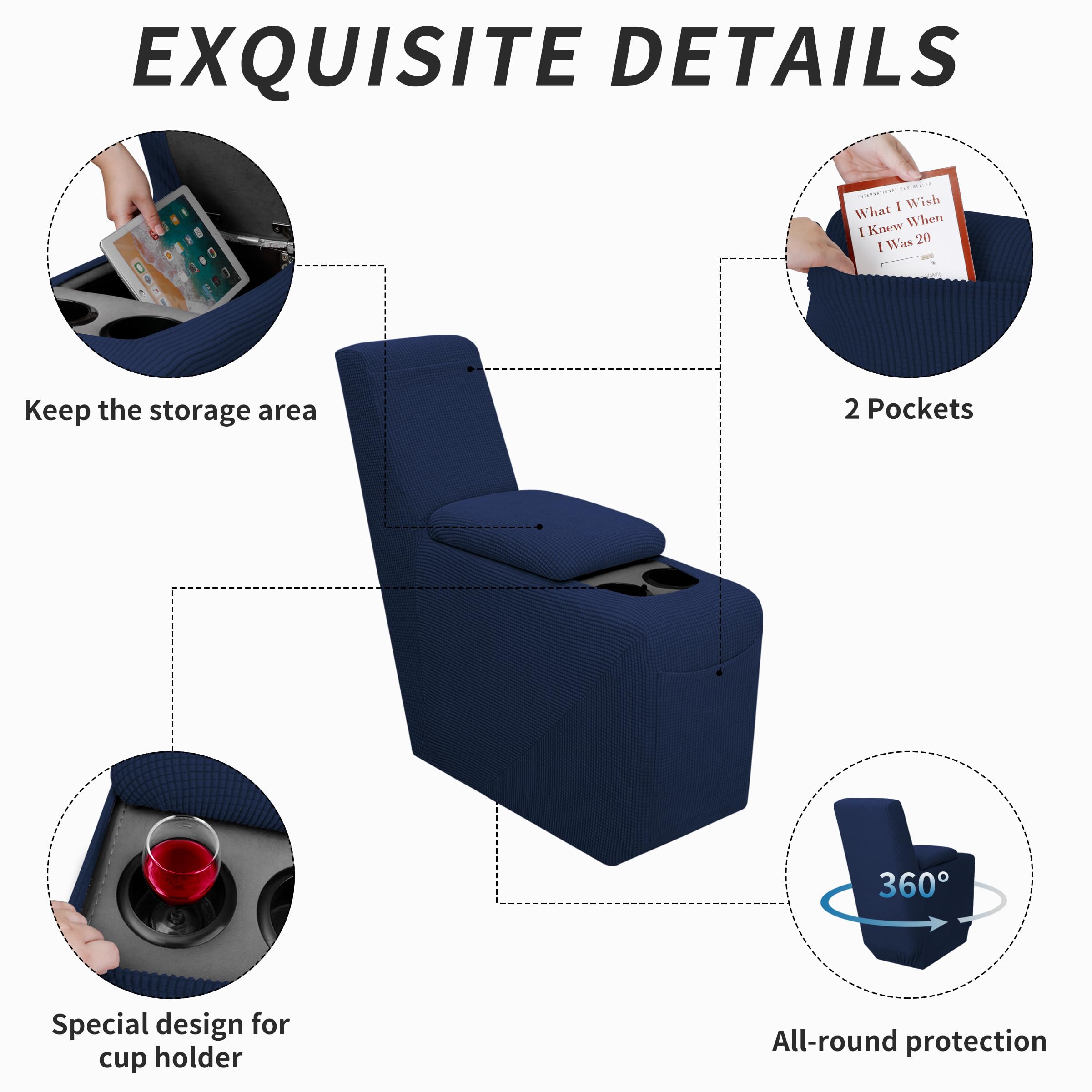 Easy-Going 2-Piece Recliner Console Cover For Reclining Loveseat Covers Stretch Jacquard Middle Console Cover For Recliner Couch And Sofa Navy