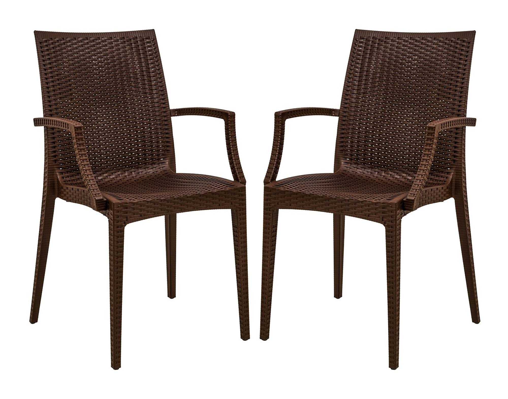 LeisureMod Modern Indoor/Outdoor Home Decorative Furniture Weave Mace Chair (with Arms), Set of 2 - Brown