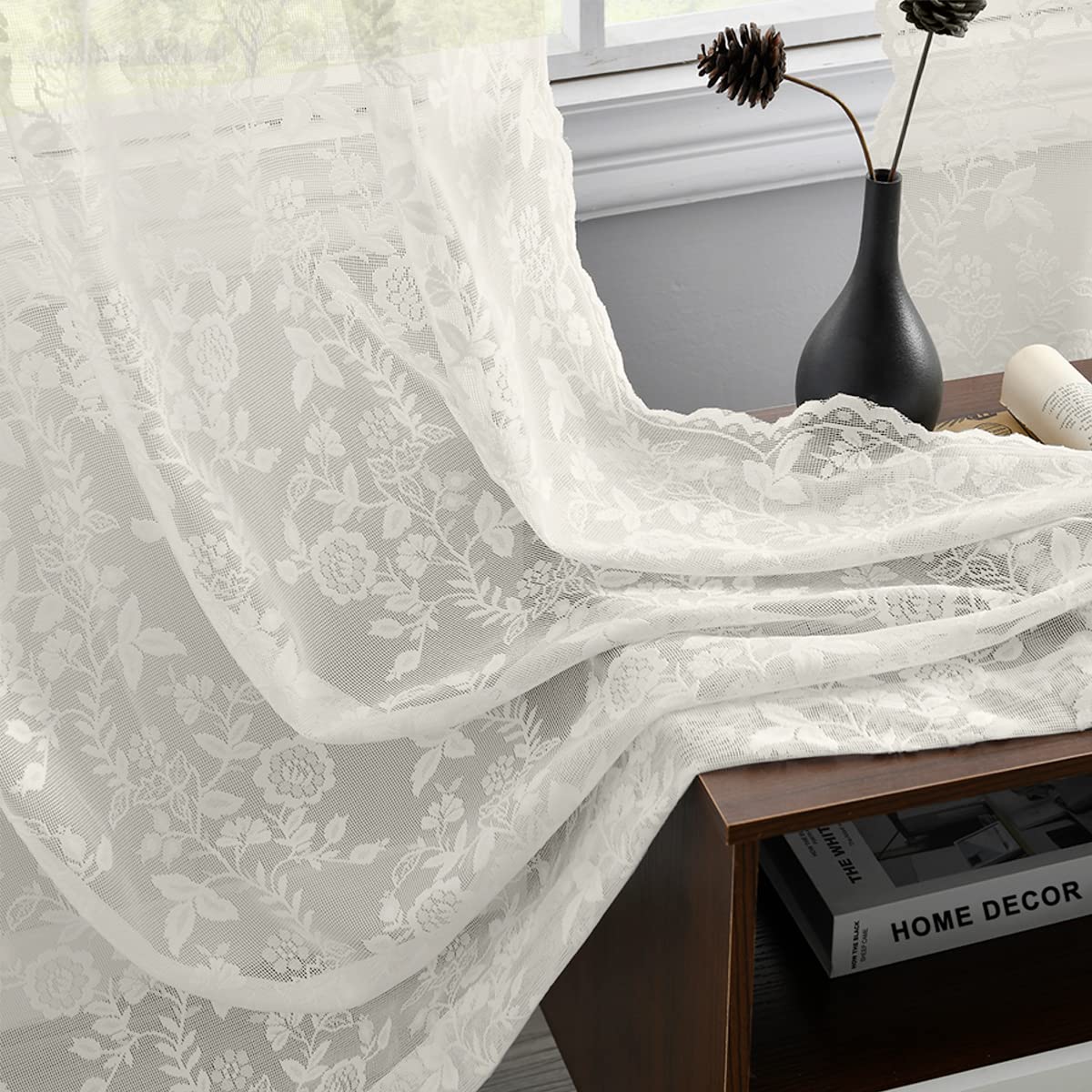 Finecity Lace Curtains For Living Room - Country Branch Leaf Floral Sheer Lace Curtains 96 Inch Length, Scalloped Macrame Cream