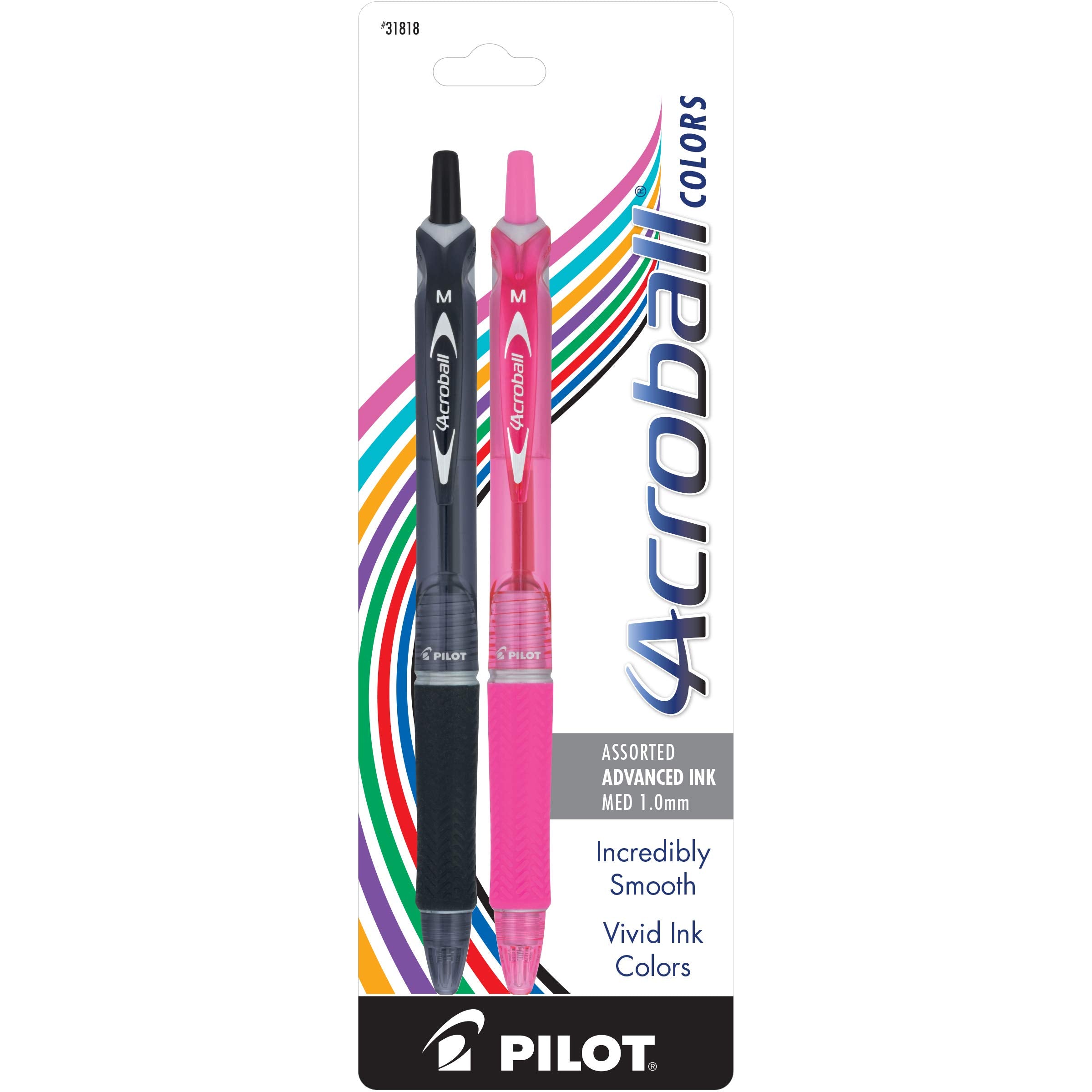 Pilot Acroball Colors Advanced Ink Refillable & Retractable Ball Point Pens, Medium Point, Ink Colors May Vary, 2-Pack (31818)