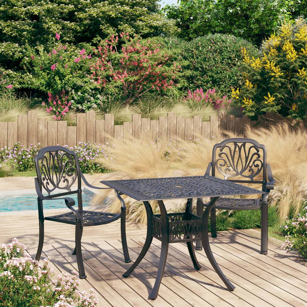 vidaXL 3-Piece Industrial Style Bistro Set - Cast Aluminum Outdoor Patio Furniture - Black - Patterned Design - with Umbrella Hole