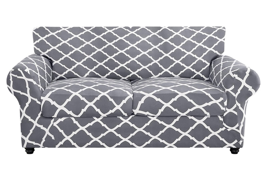 Searchi Stretch Sofa Cover Printed Couch Cover, Floral Pattern 3 Pieces Loveseat Slipcover With 2 Separate Cushion Cover, Washable Furniture Protector For Living Room(Loveseat, Gray+White)