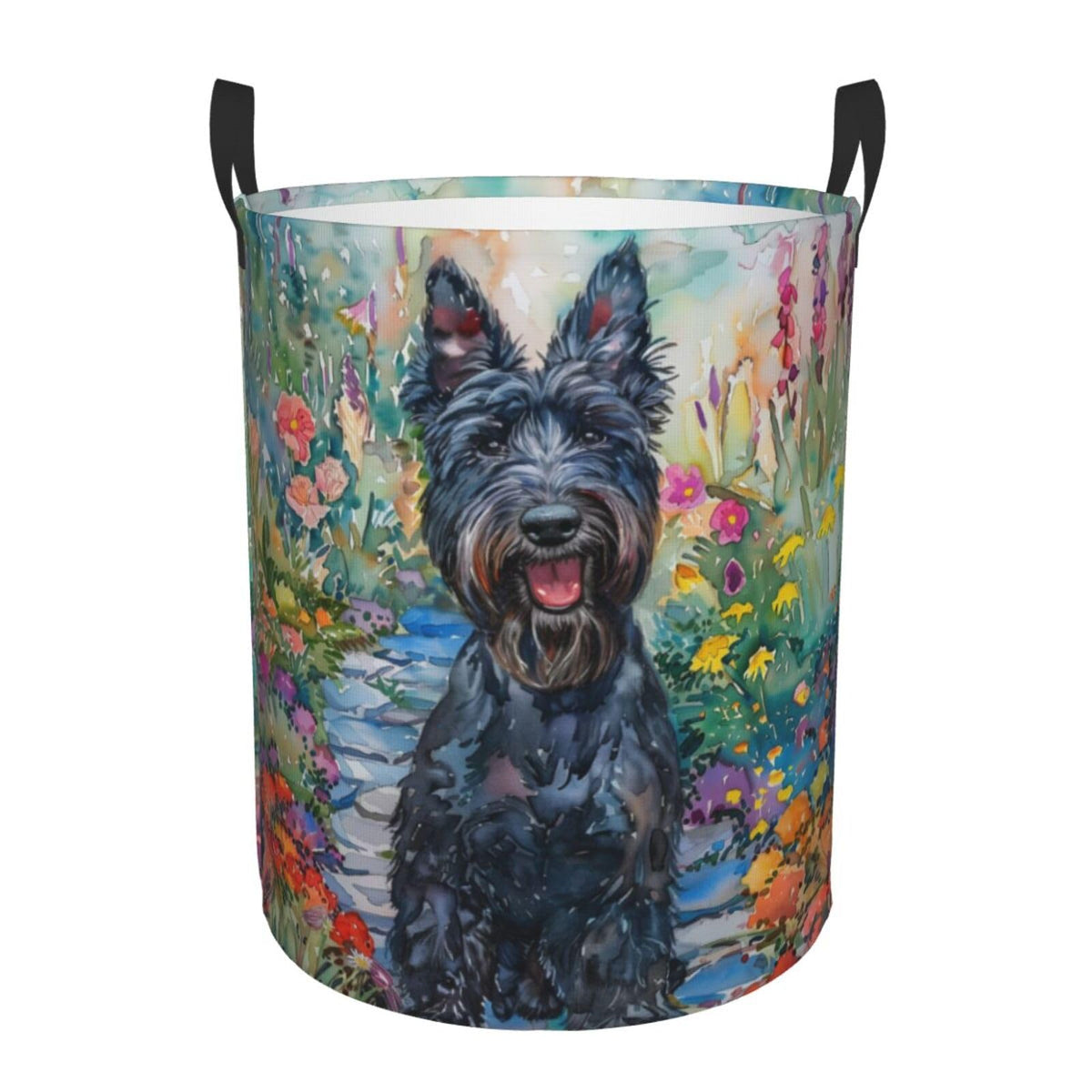 IYOVI happy smiling Scottish Terrier Laundry Hamper Round, Large Canvas Fabric Lightweight Storage Basket Toy Organizer