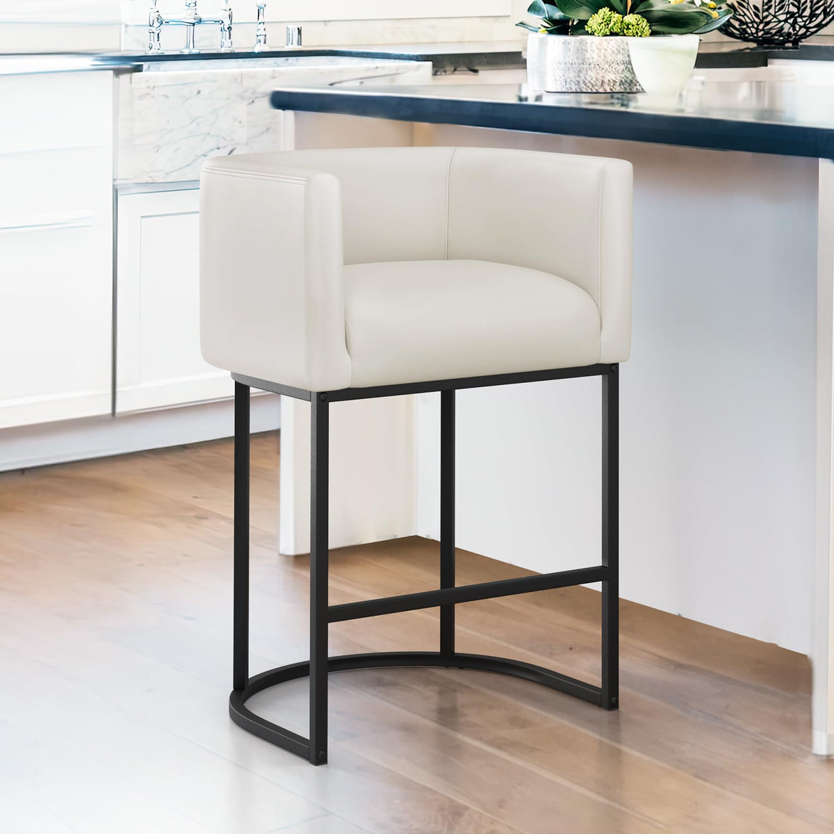 LUE BONA 27'' H Counter Height Bar Stools, Modern Barrel Counter Stools with Backrest and Arms, Black Metal Frames, Faux Leather