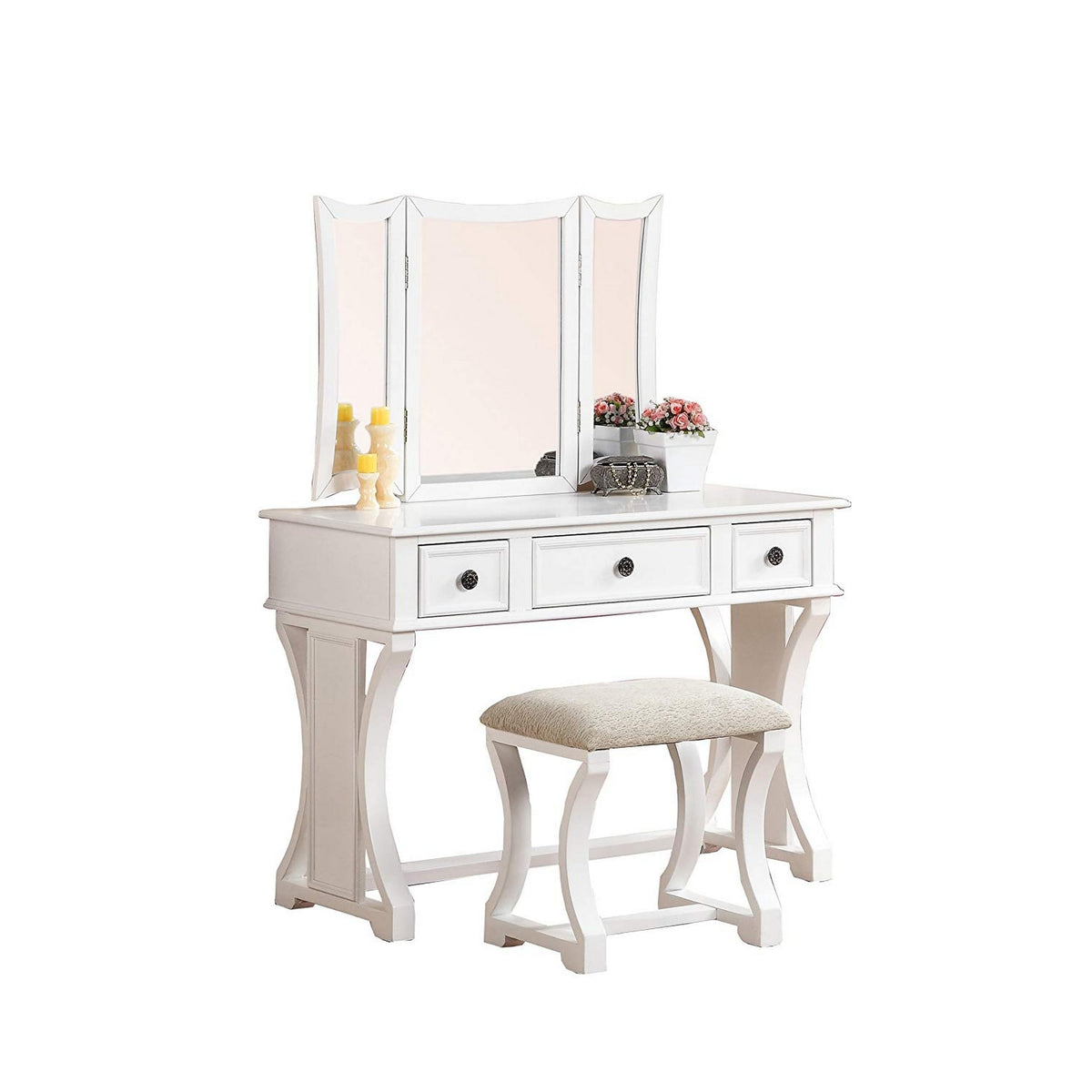 Benjara Benzara Modish Featuring Stool and Mirror White Vanity Set,