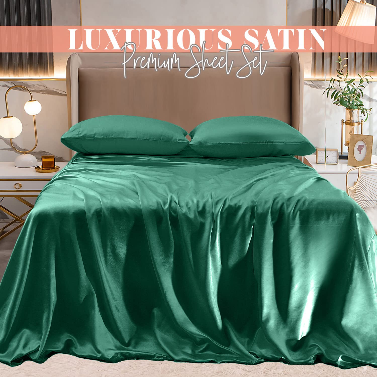 Elegant Comfort Luxurious 4-Piece Silky Satin Sheet Set, Skin And Hair Friendly, Wrinkle, Fade, Stain Resistant With Deep Pockets Fitted Sheet, Cooling Soft Satin Sheet Set, Twin Xl, Hunter Green